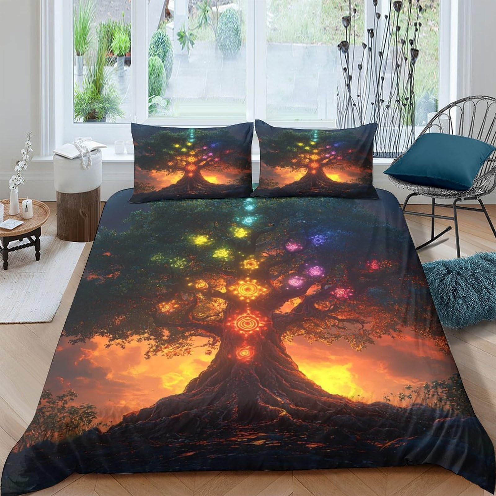 TUFRTGYHN 3D Printed Tree of Life Duvet Cover Microfiber Soft Breathable Rainbow Light Bedding Set with 2 Pillowcases for Bedroom Decor Single（135x200cm）