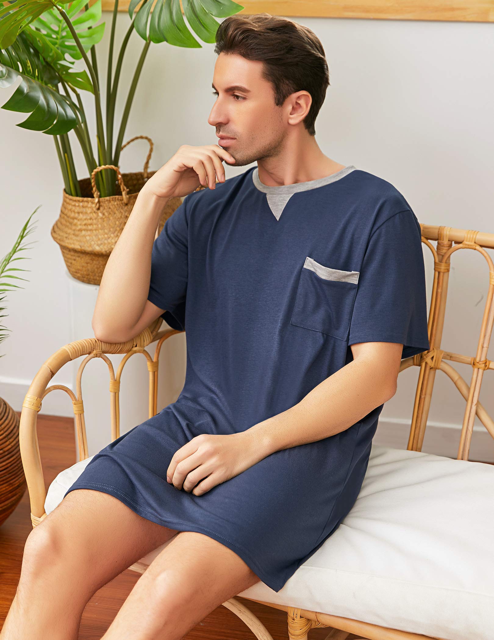 Enjoyoself Herren Baumwolle Pyjama Tops Weich Atmungsaktiv Nachthemd Knielang Nachtshirts Kurzarm Nachtwäsche Lounge Wear