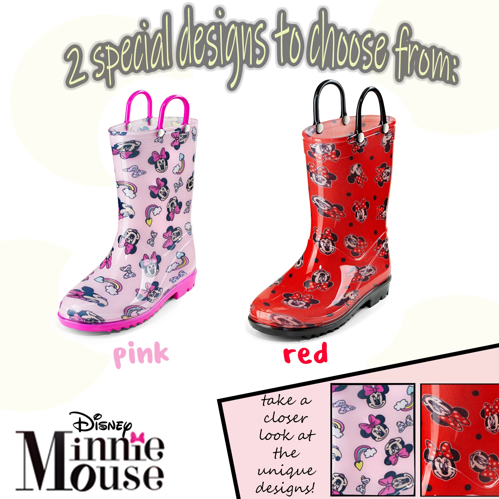 Disney Minnie Mouse - Botas de lluvia impermeables de PVC para niñas con asas fáciles de poner, tallas para niños pequeños y niños pequeños