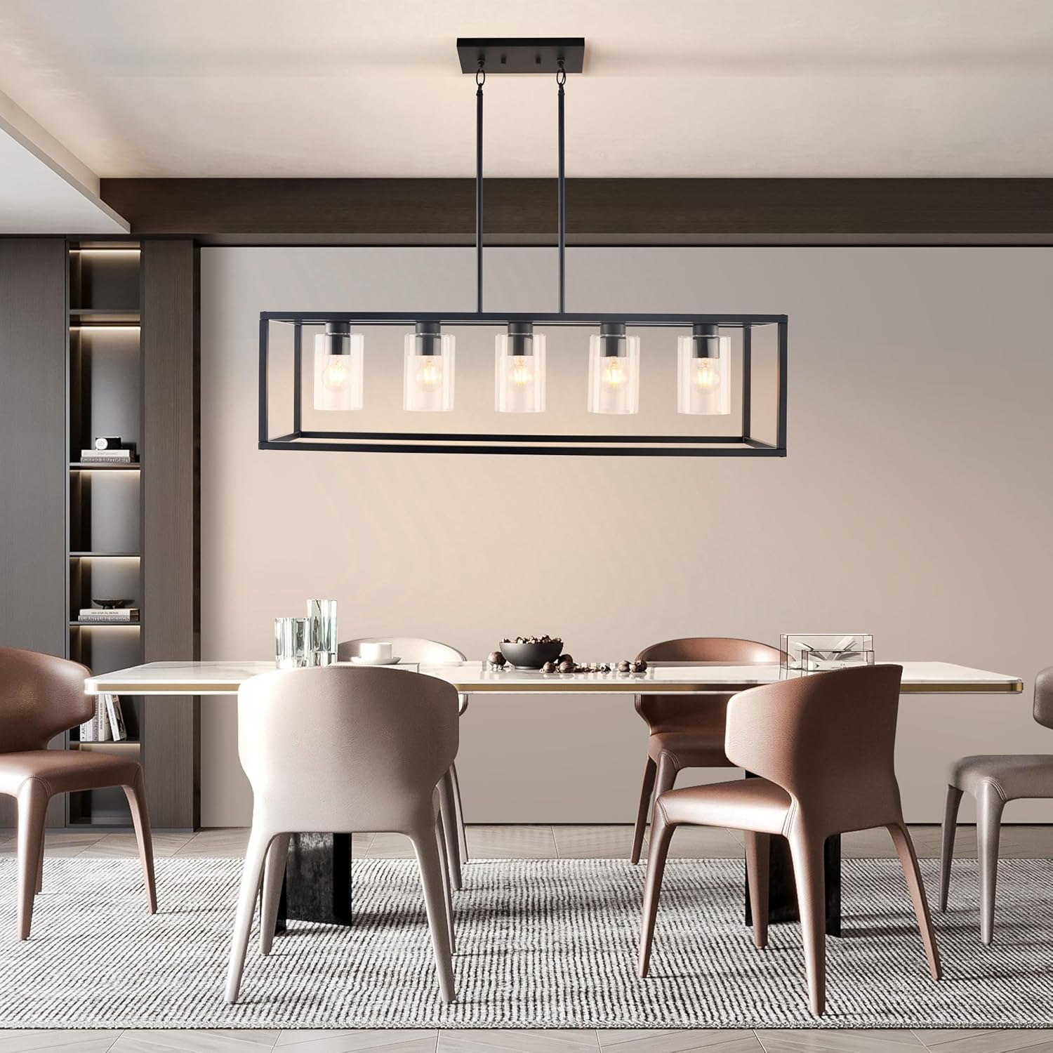 Kalium Chandeliers for Dining Room, 5 Light Dining Room Light Fixture Modern Metal Industrial Kitchen Lighting Fixtures Easy Installation Pendant Lights for Bar Restaurant, Coffee Shop-E26 Base,Black