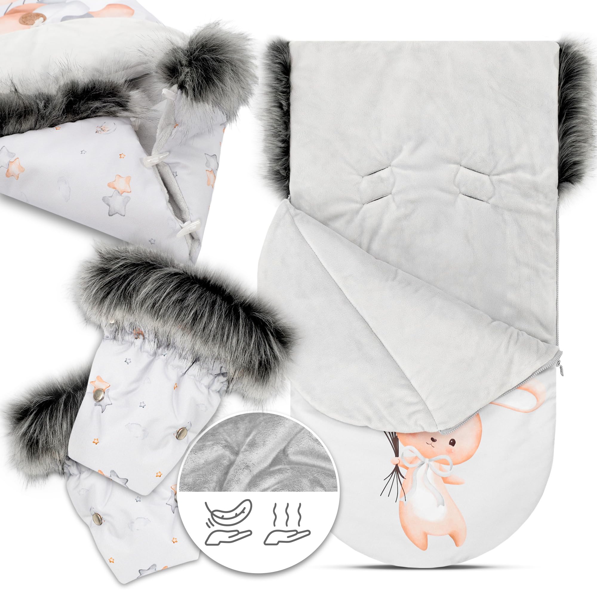 Śpiworek do wózka zimowy - komplet 90 x 45 cm z rękawiczkami - Śpiworek do wózka dziecięcego torba zimowa Śpiworek zimowy do wózka dziecięcego królik jasnoszary