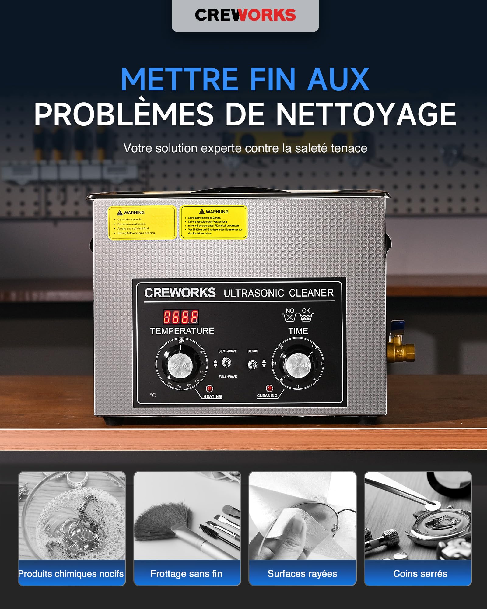 CREWORKS Nettoyeur à Ultrasons Professionnel 15L 360W avec Chauffage 300W, Minuterie 1-30min, Modes Dégazage et Doux, Réservoir Inox 304 40kHz pour Pièces Auto, Bijoux, Instruments Dentaires