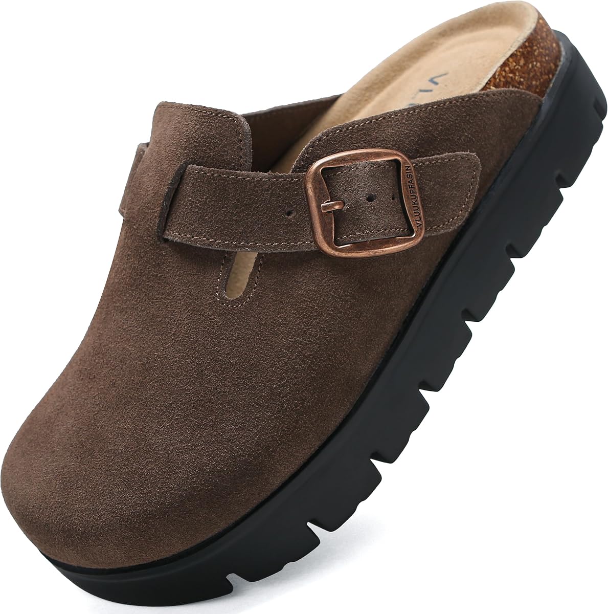 Women's Suede Platform Clogs Chunky Mules Slip On | Arch Support Comfort, Cushioned Footbed, Adjustable Buckle Fit, Water Repellent Upper, Indoor Outdoor Use, All Day Comfort