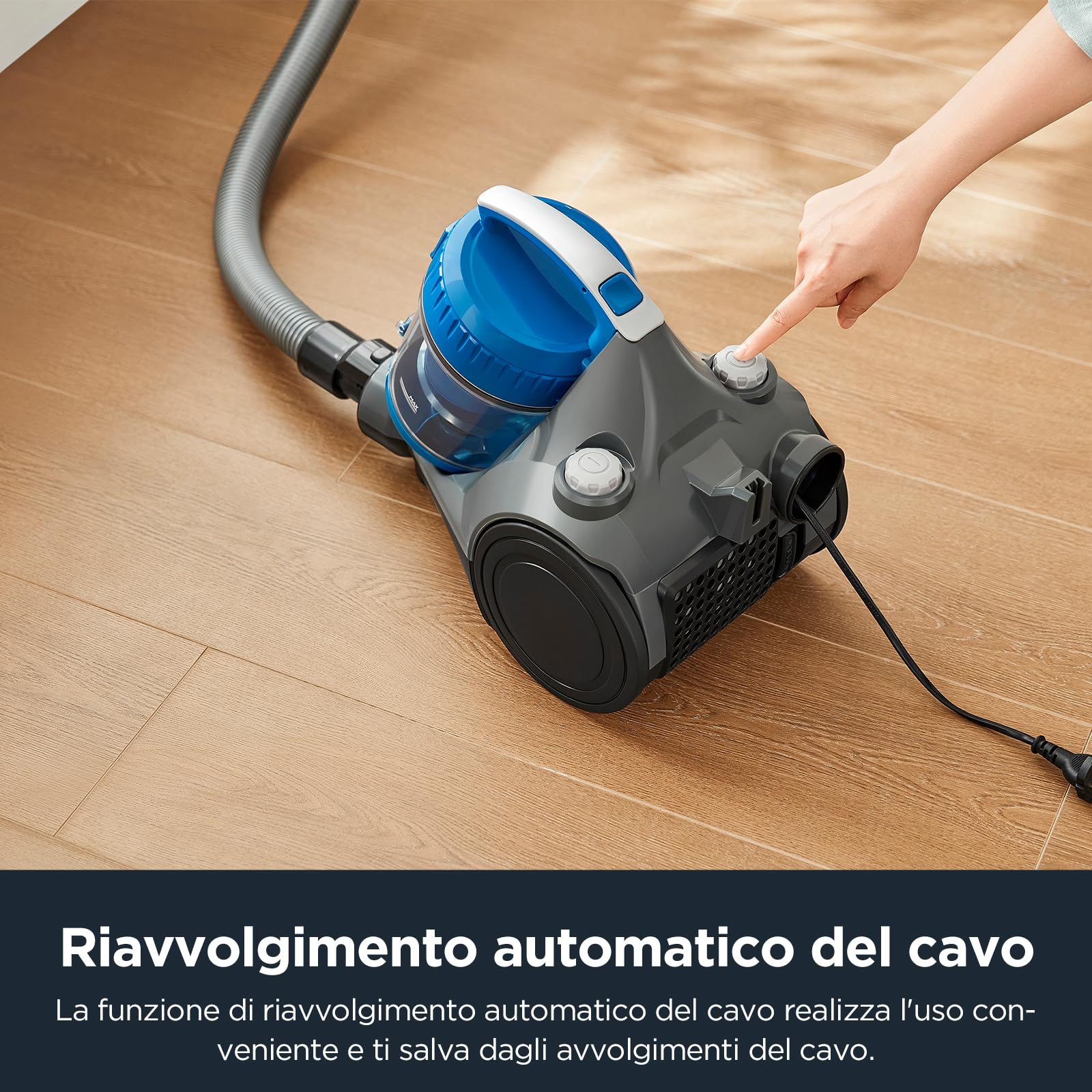 Eureka WhirlWind Aspirapolvere senza sacco, aspirapolvere a traino, aspirapolvere potente silenzioso con cavo per tappeti, pavimenti, pelo animale e polvere, 700W, 1,5L, blu