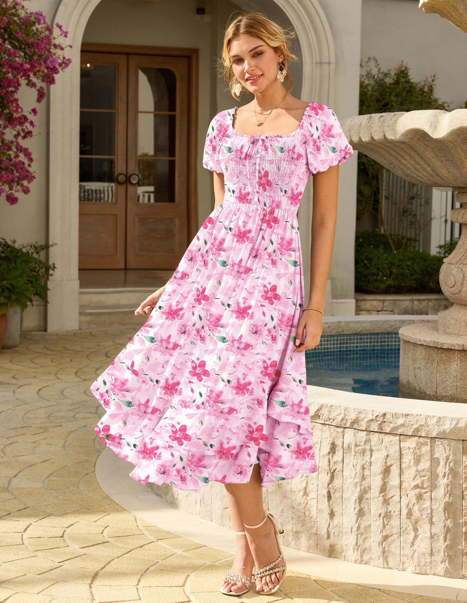 GRACE KARIN Abito estivo da donna con scollo quadrato e punto smock abiti floreali a trapezio | Abito estivo da sposa da donna, casual, elegante, con maniche a sbuffo, maxi abito con tasche