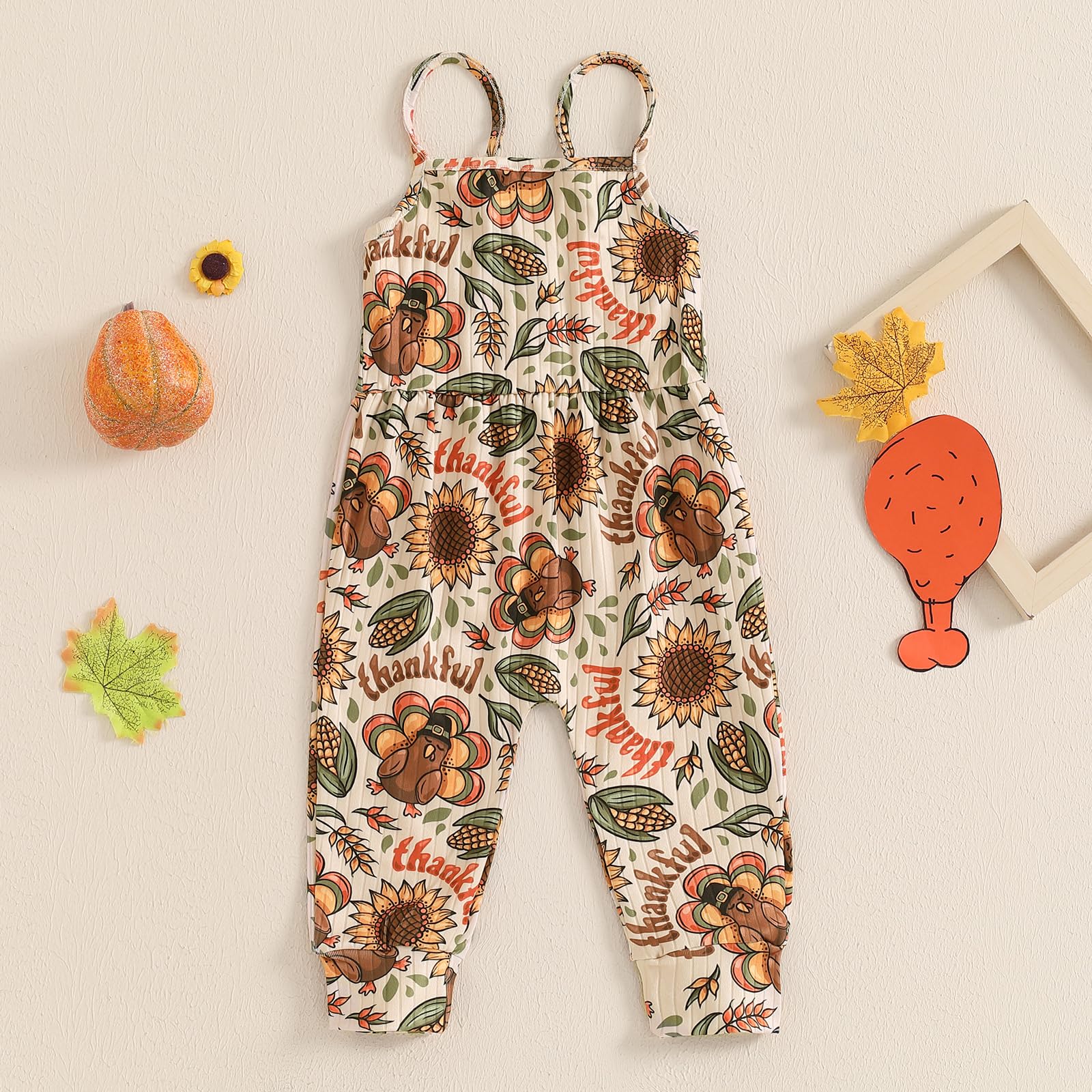 Thanksgiving Toddler Baby Girl Outfit Turkey Sleeveless Romper Jumpsuit Overalls Cute Thanksgiving Clothes Outfits (Turkey Sunflower Print Brown, 2-3 Years)