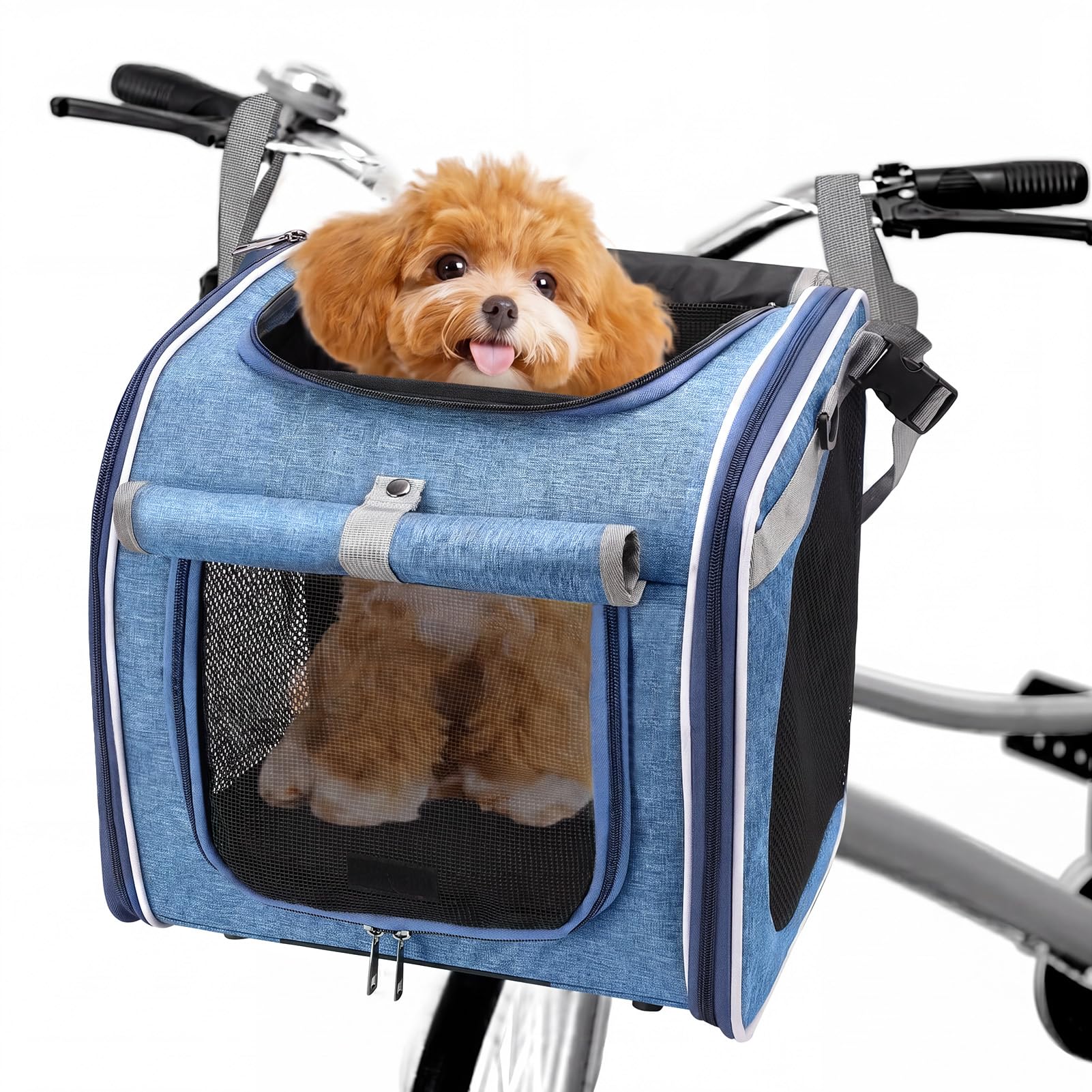 Dog Bicycle Basket, Oxford Fabric Expandable Breathable Pet Carrier Backpack with 4 Mesh Windows for Small Dogs and Cats (BLUE)