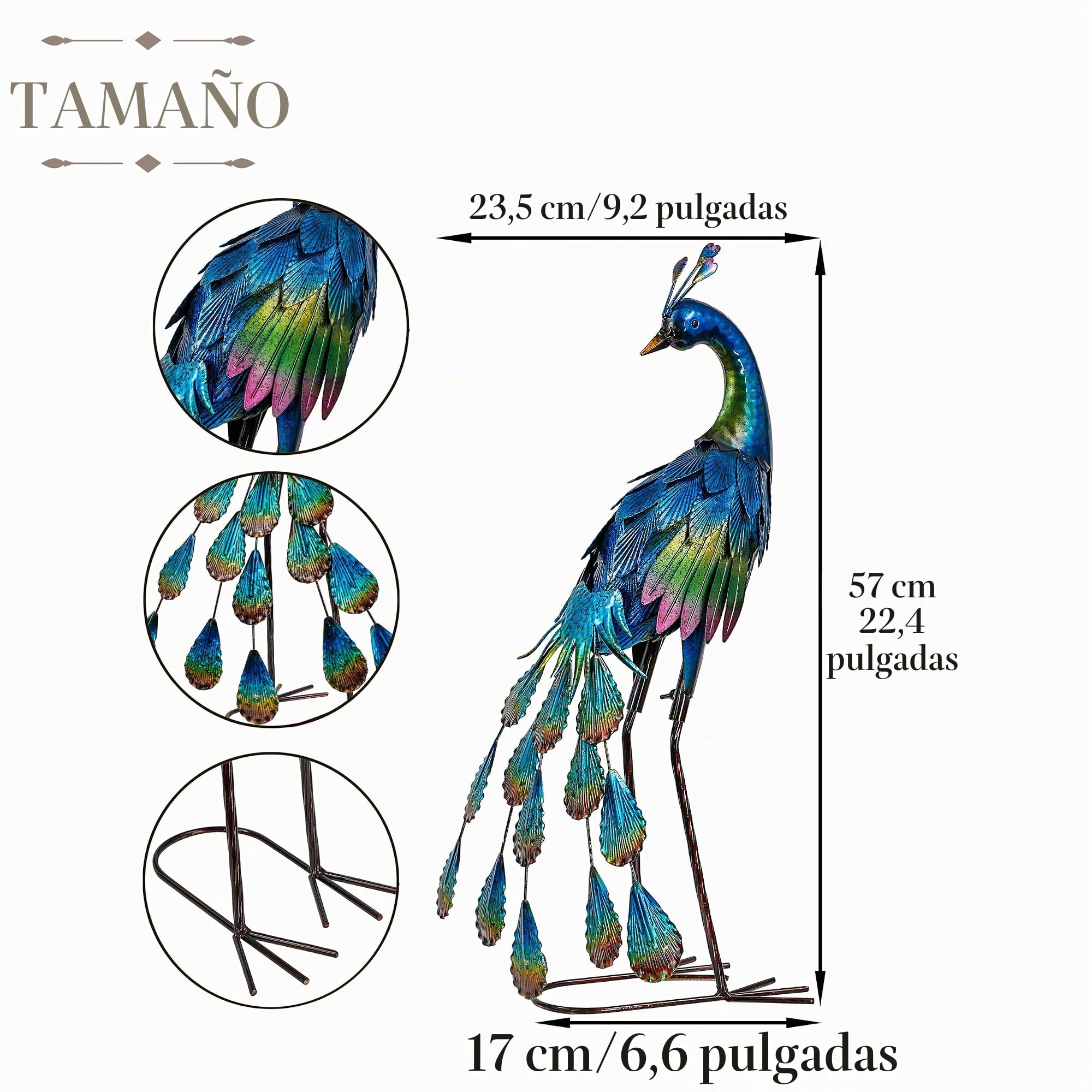 TERESA'S COLLECTIONS Decoración al Aire Libre, diseño de Pavo Real, esculturas y estatuas de jardín, Adornos de Metal Azul para césped, Decoraciones Exteriores de 22.4 Pulgadas para Porche, Patio,