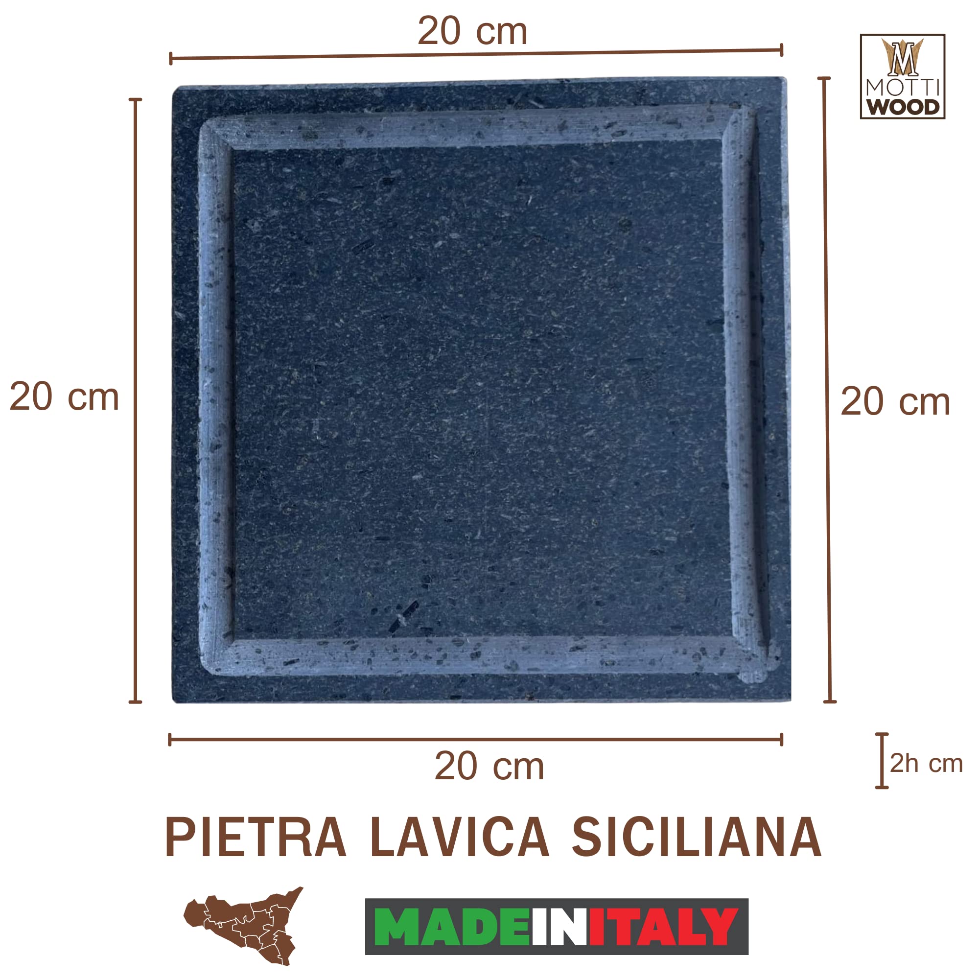 Piedra volcánica siciliana con desagüe, cuadrada 20 x 20, placa refractaria para cocinar (20 x 20 x 2 cm)