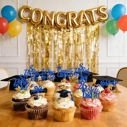 Miniatura 6 de Decoraciones de graduación 2025 azul, adornos para cupcakes de graduación 2025 azul y negro, suministros de decoración para cupcakes clase de 2025,