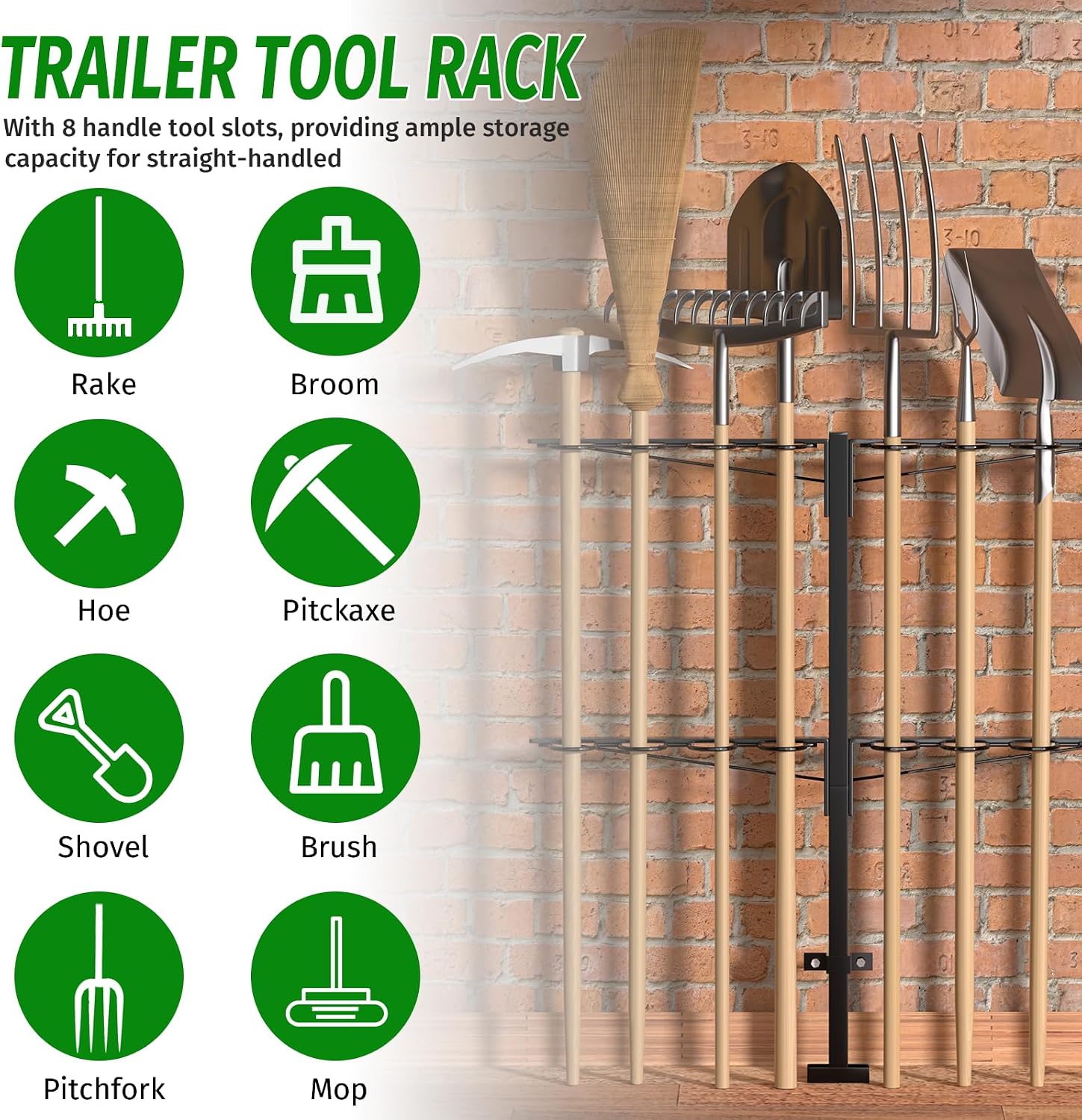 Utility Trailer Tool Rack,Trailer Racks for Lawn Equipment with 8 Tool Holes,Handle Tool Shovel Holder Rack for Truck,Heavy-Duty Landscape Accessories