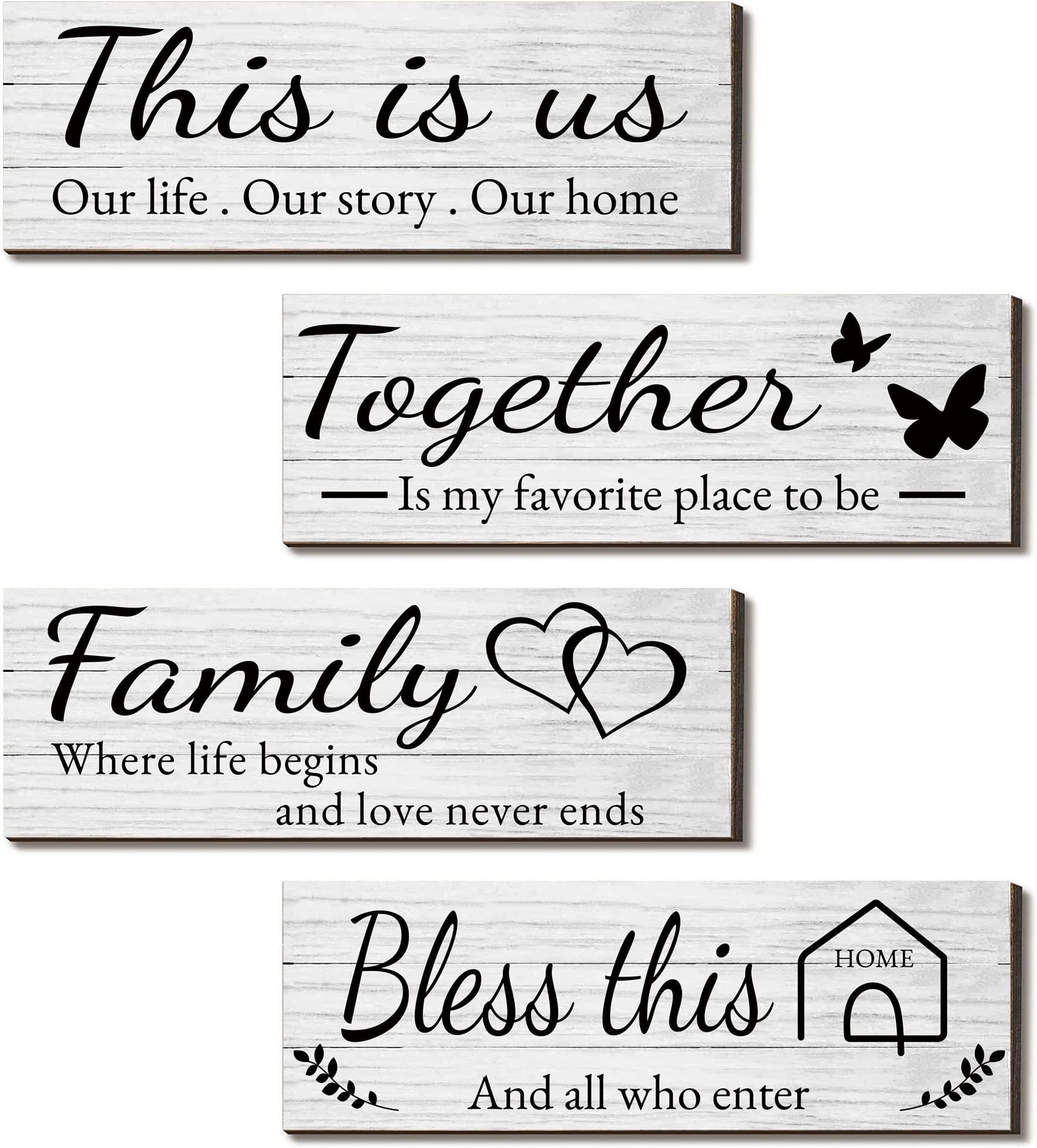 Joyhawk 4 Pieces Wooden Home Wall Art Decor, Rustic, Farmhouse THIS IS US/TOGETHER/BLESS THIS HOME/FAMILY Decor Signs For Living Room Bedroom, 4.7 x 13.8 Inch(White)