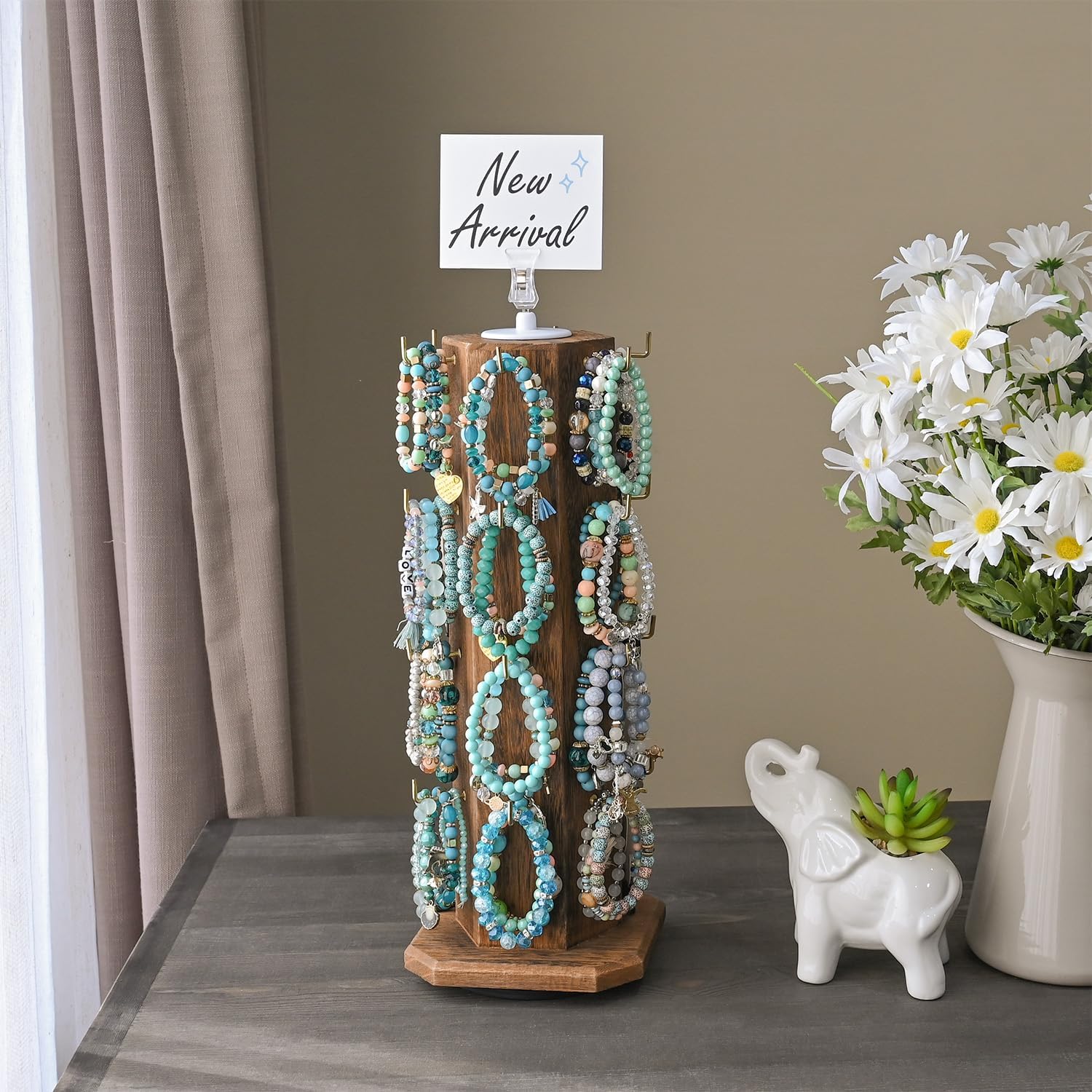 Ikee Design Free Assemble 24 Hooks Wood Hexagon 6 Sided Rotating Jewelry Display Stand Tower for Earrings,Bracelets, Keychain Earring Display Stand for Selling, Showcase, Brown Color