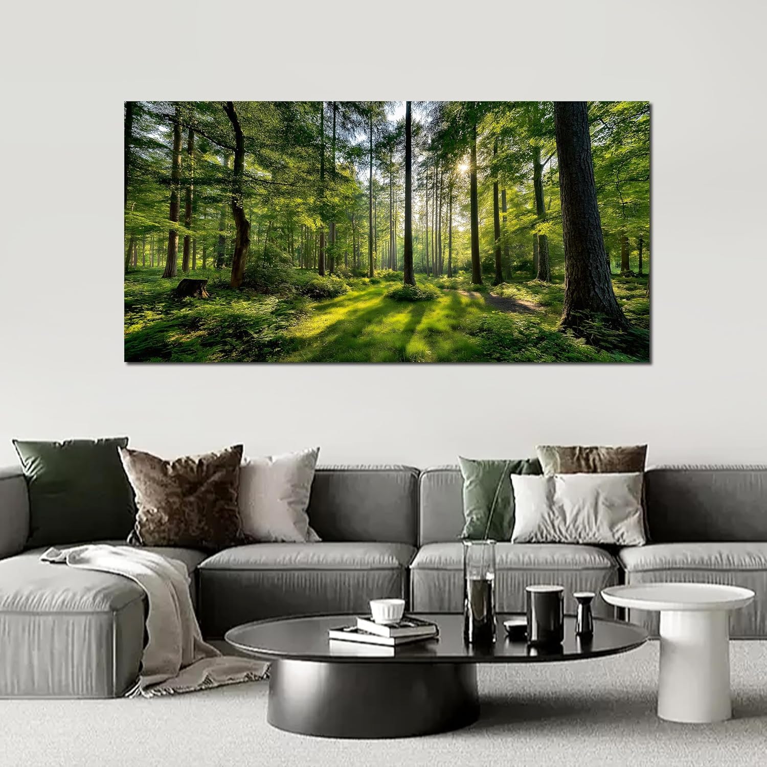 Large Forest Wall Art for Living Room Green Woodland Landscape with Sunlight Posters Prints for Bedroom Office Decor(65x130cm/No Frame)