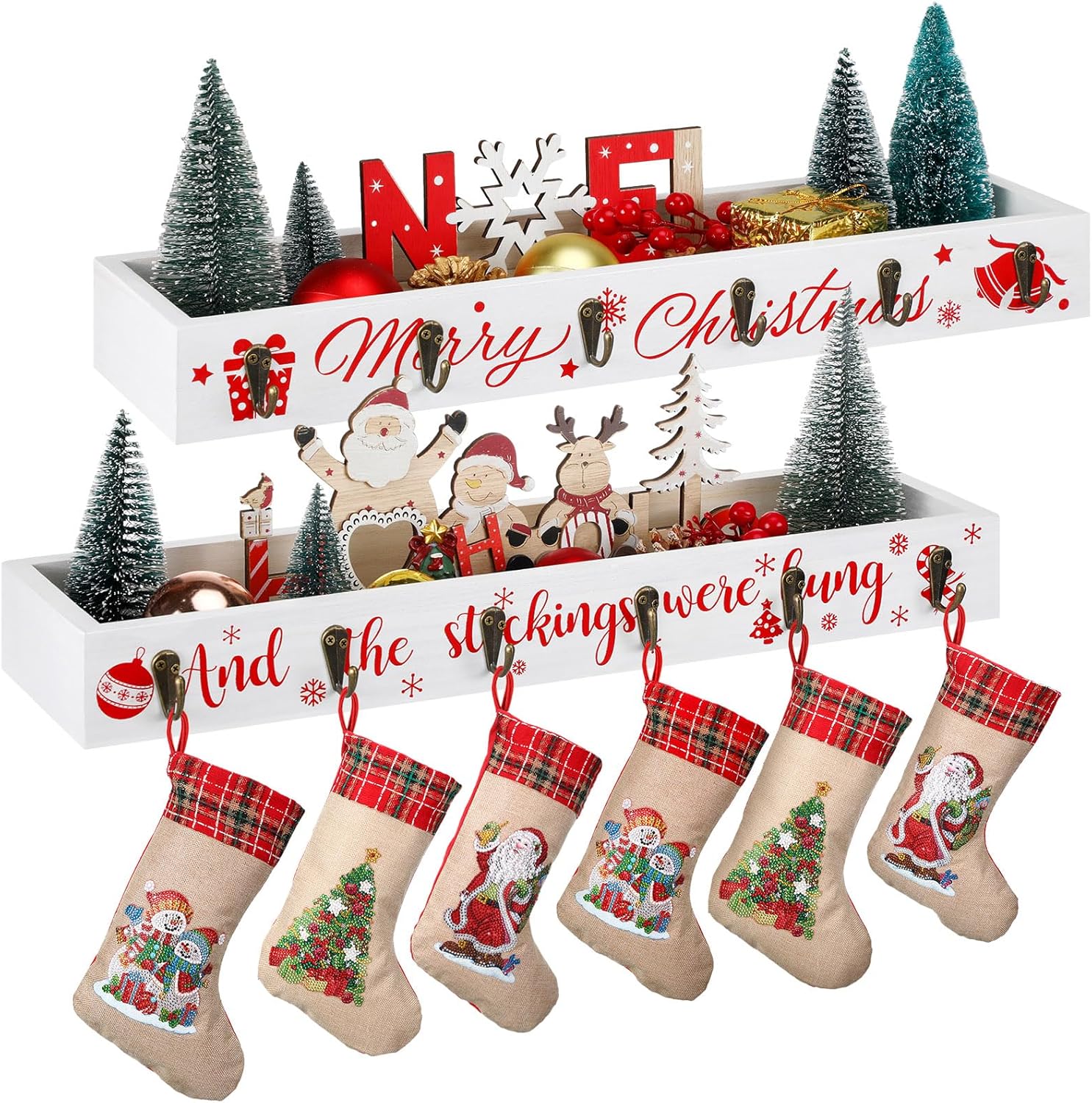 bucherry 2 pcs christmas stocking holder multi uses decorative wooden box with 6 hooks mantle stockings hanger gift box stocking holder wooden table centerpiece for xmas holiday festival (sleigh) 2 sleigh ( incomplete )
