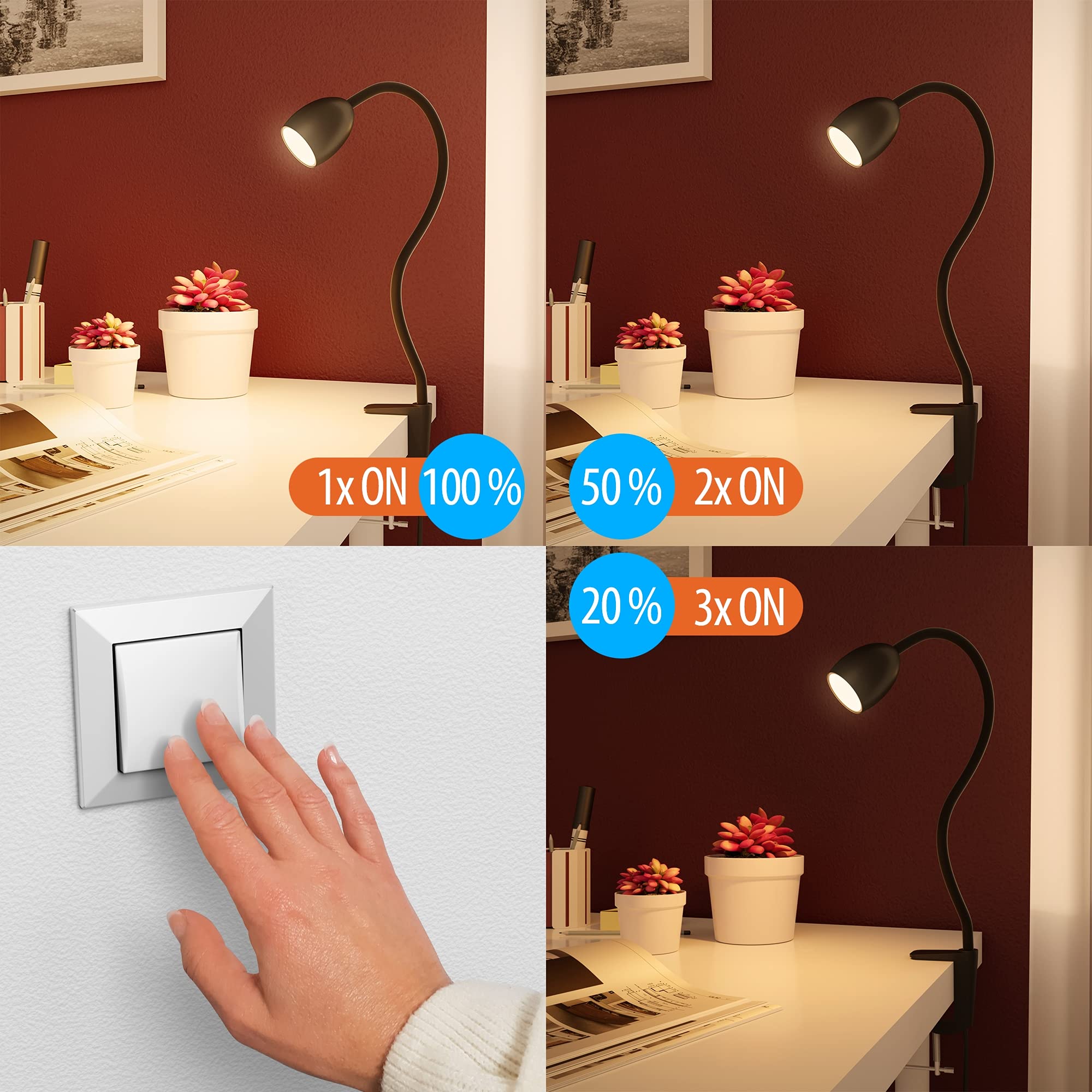 ledscom.de 2x GU10 lámpara de pinza KLUK con cuello de cisne, negro incl. GU10, regulable en 3 niveles, blanco cálido, W,