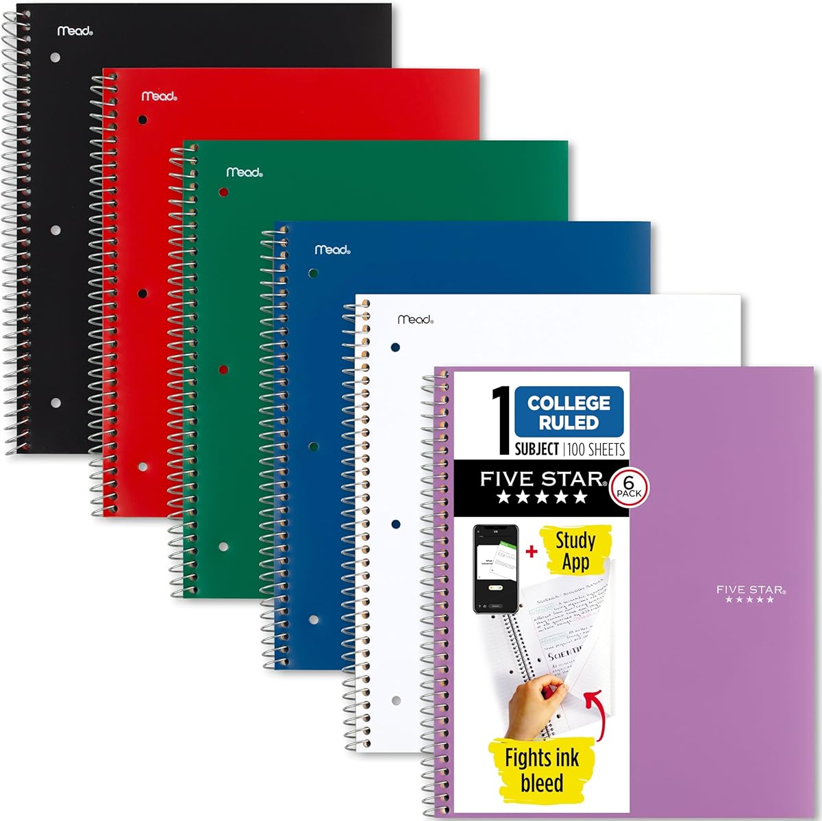 Amazon.com : Five Star Spiral Notebook + Study App, 6 Pack, 1 Subject, College Ruled Paper, 8-1/2" x 11", 100 Sheets, Fights Ink Bleed, Water Resistant Cover, Assorted Colors (38052) : Office Products
