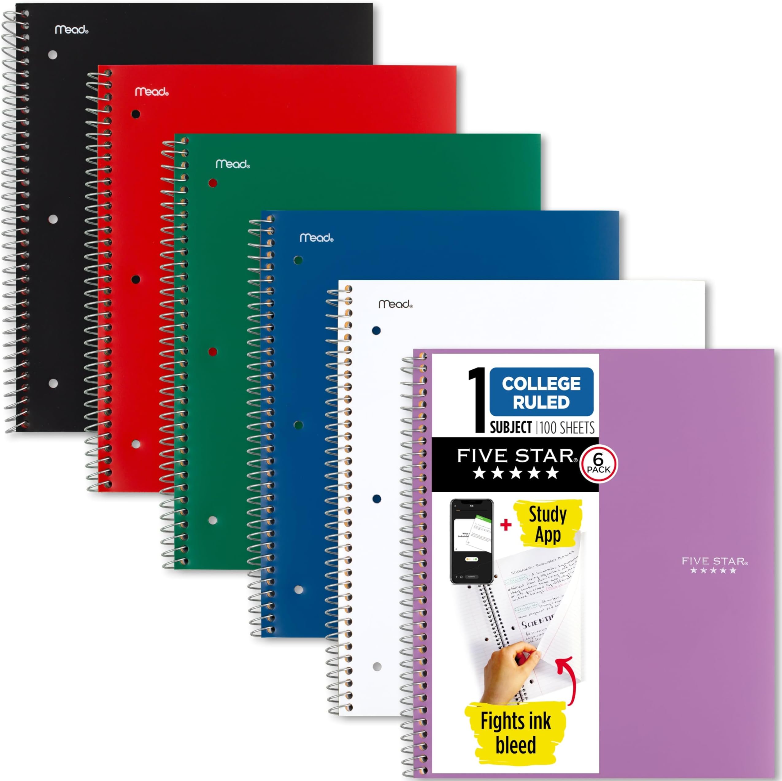 Five Star Spiral College Ruled Notebook, 1 Subject, Wired Note Book with Pockets, 100 Sheets, Home School Supplies for College Students or K-12, 11” x 8-1/2", 6 Pack (38052)