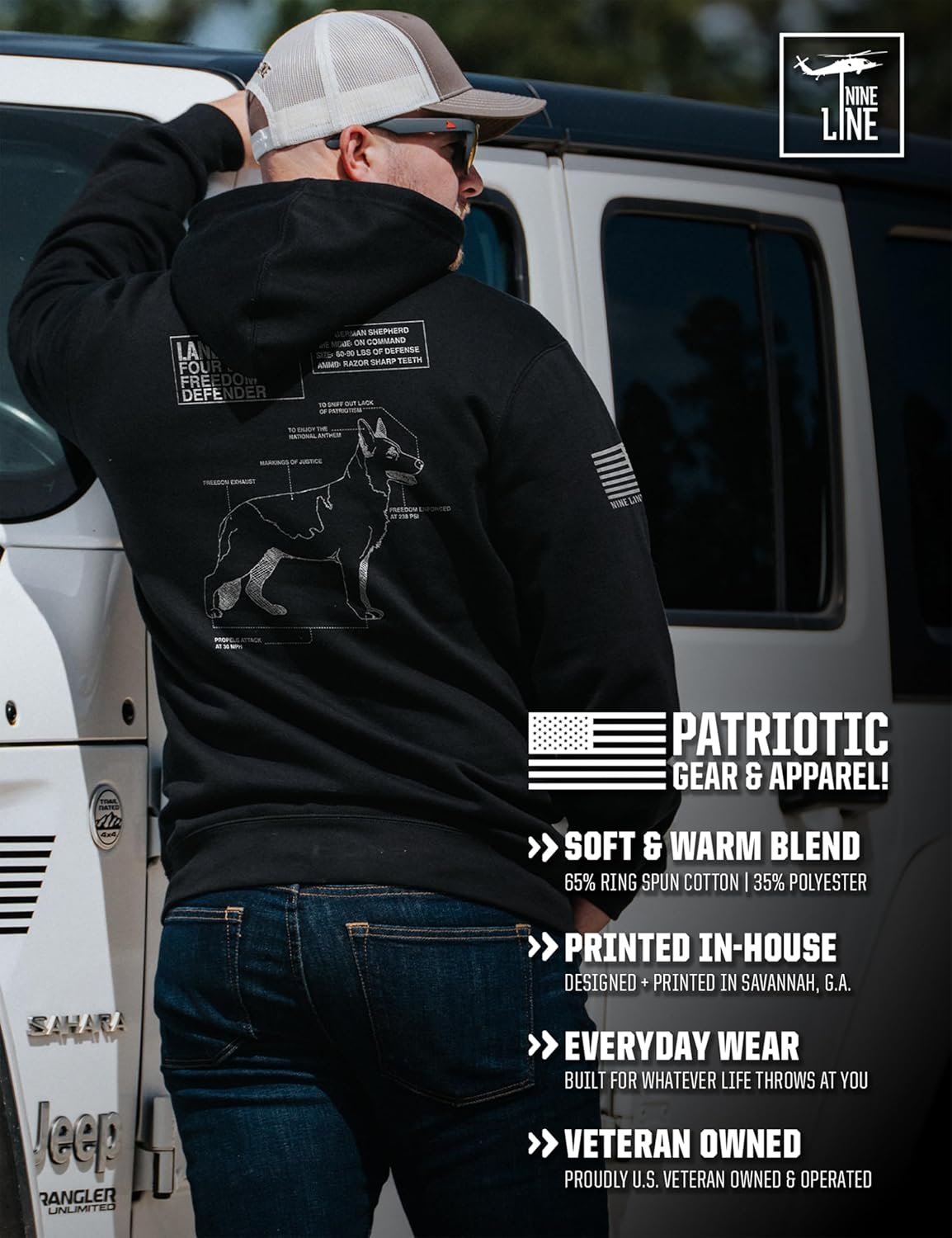Nine Line Land Shark Hoodie for Men, Patriotic German Shepherd K9, USA Made Military Law Enforcement Graphic Hoodie