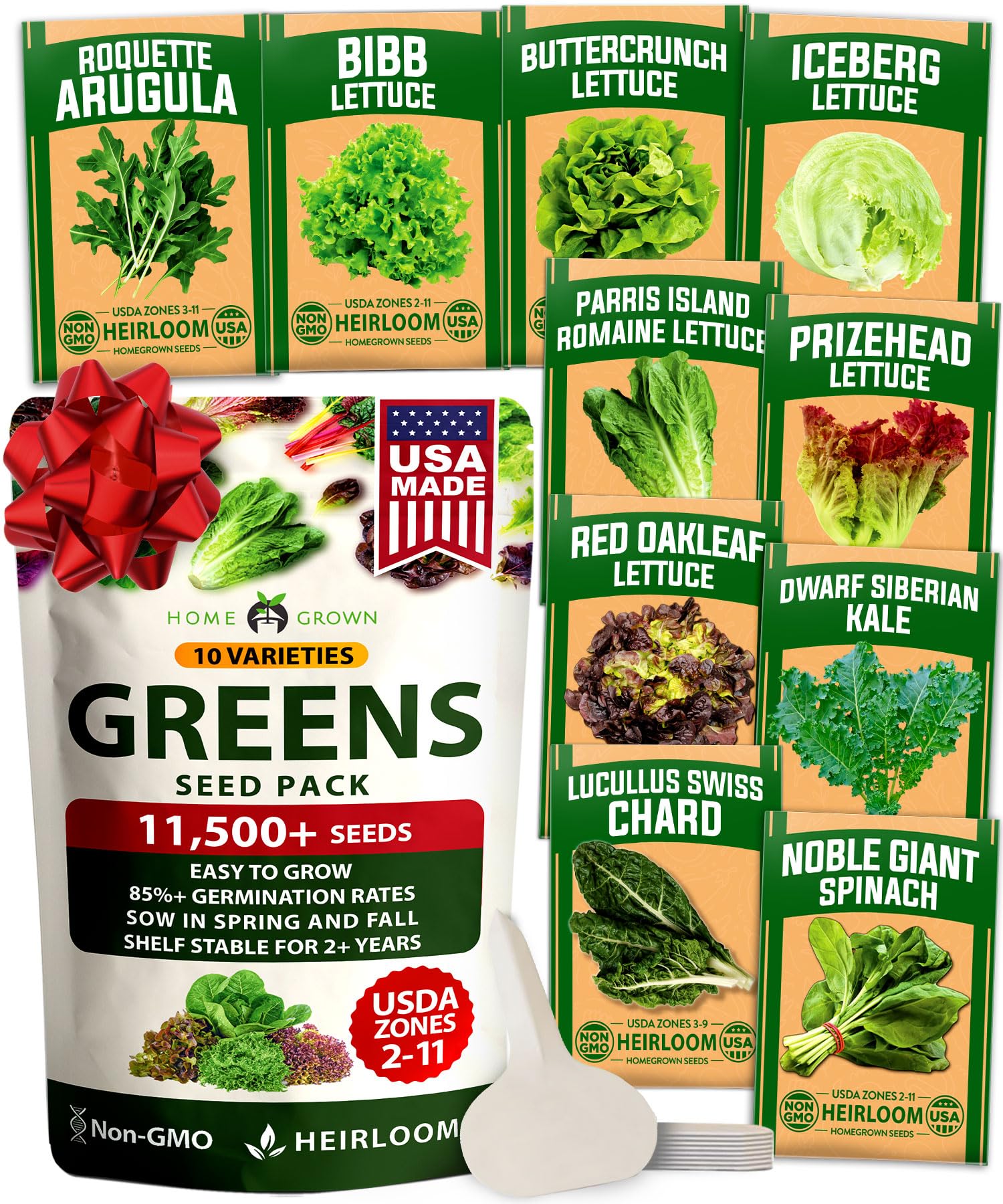 HOME GROWN 11,500+ Heirloom Lettuce Seeds - 10 Varieties Including Romaine, Buttercrunch, Iceberg, Kale & Spinach - Non-GMO USA Seeds for Planting Indoor, Outdoor & Hydroponic Gardens