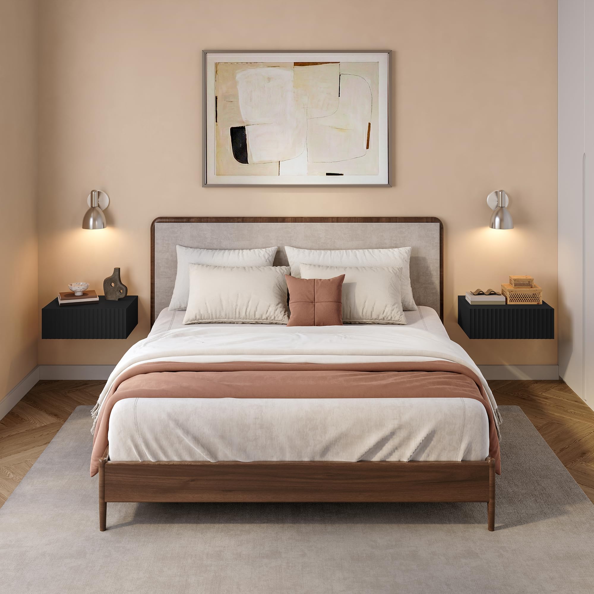 [en.casa] Nachttisch 2er Set hängend Nand 42x30x15 cm Schublade Schwarz | Nachtschrank, Nachtkästchen, Nachtkommode, Wandkonsole, Wandregal mit Schublade, Ablage, Wandmontage, gerillte Front
