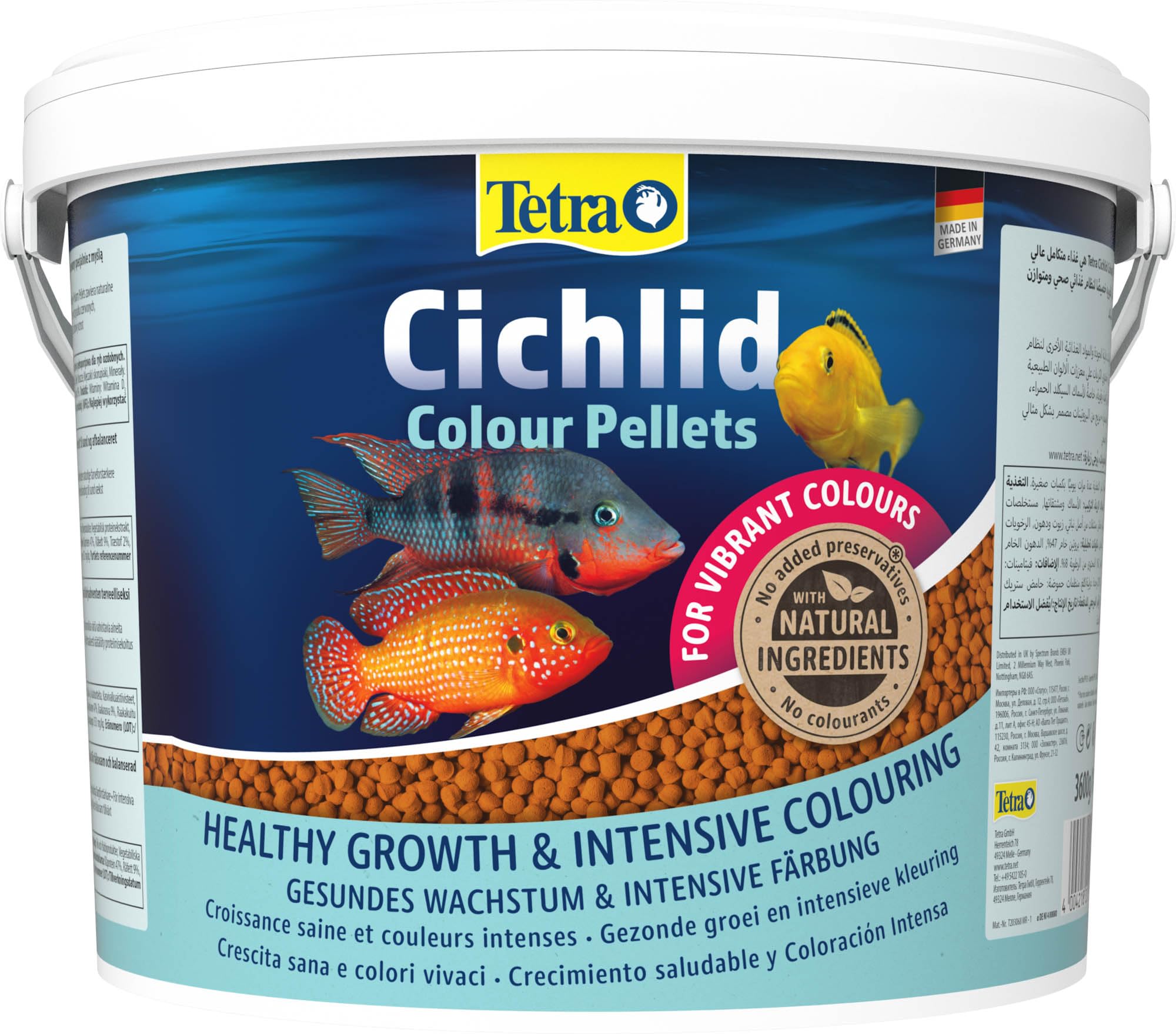 Tetra Cichlid Colour Pellets - Mangime per Pesci dai Colori intensi e Brillanti, in Particolare per ciclidi con colorazione Rossa, Arancione e Gialla, Secchio da 10 L