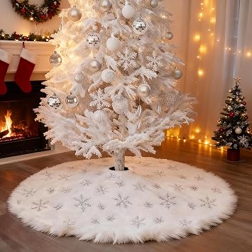 yuboo White Sliver Christmas Tree Skirt, 30 inch Small White Tree Rug Xmas Faux Fur Tree Skirts Christmas Decorations with Sequin Silver Snowflakes for 4 ft Pencil Tree Ornaments