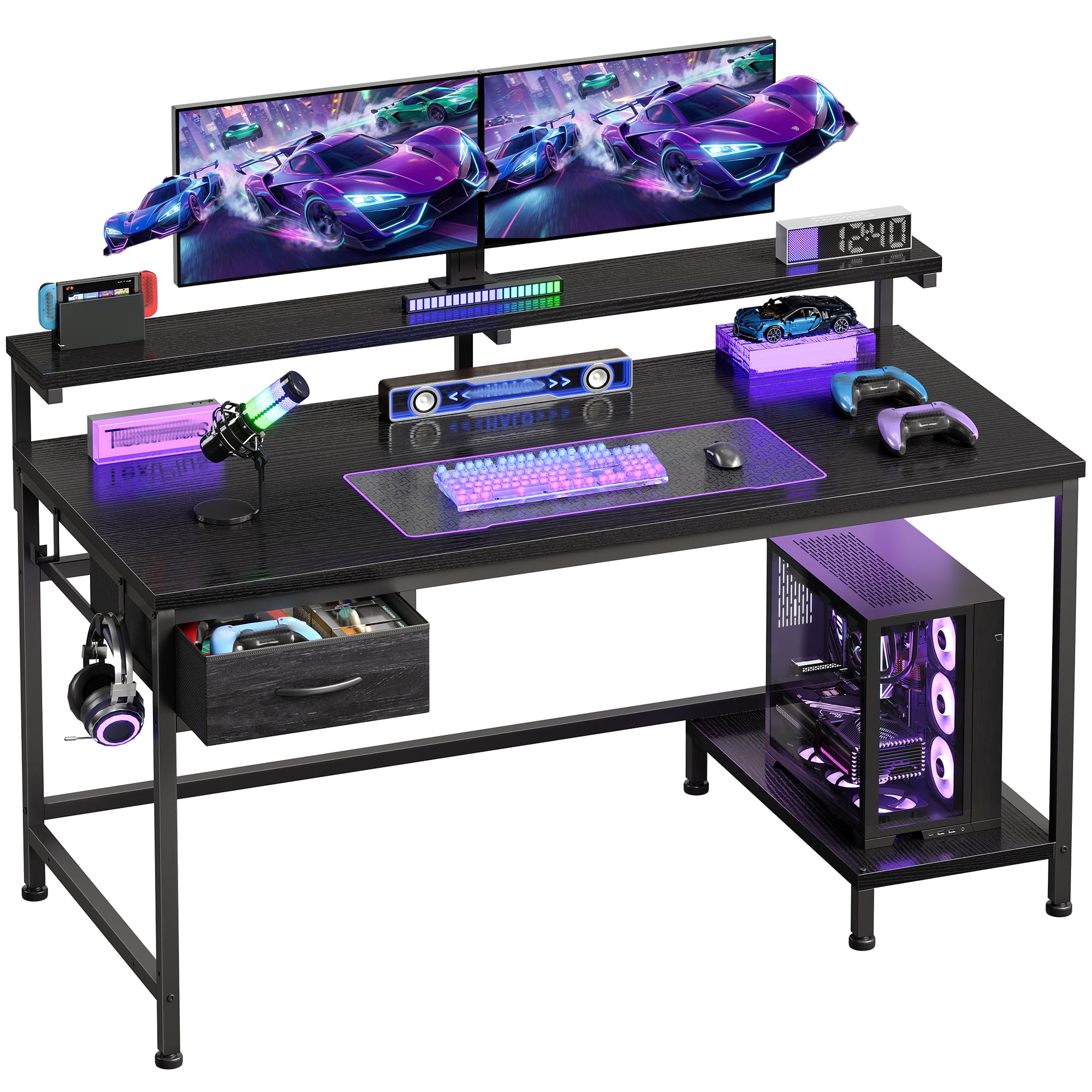 Small Gaming Desk, 100x48x75cm Computer Desk with Drawer & Adjustable Monitor Stand, Black Gaming Table for Teens Students Adults, Space-Saving Corner Desks with Headphone Hook & Reversible CPU Shelf