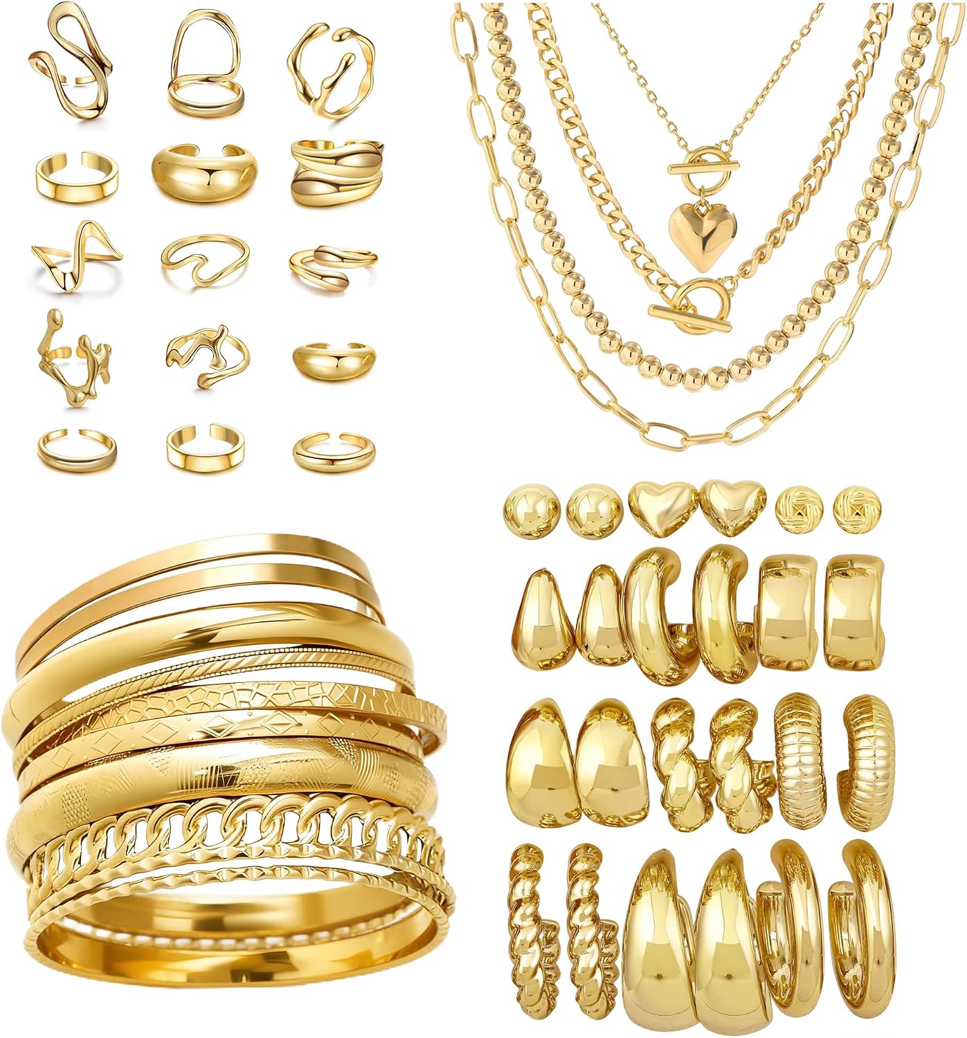 53 Pcs Gold Jewelry Set for Women Multi Layered Necklaces Bangles Bracelets Dainty Ear Studs Chunky Hoop Earrings Stackable Knuckle Rings Gold Plated Fashion Jewelry for Women