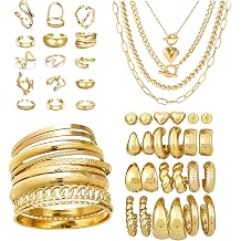 53 Pcs Gold Jewelry Set for Women Multi Layered Necklaces Bangles Bracelets Dainty Ear Studs Chunky Hoop Earrings Stackable Knuckle Rings Gold Plated Fashion Jewelry for Women