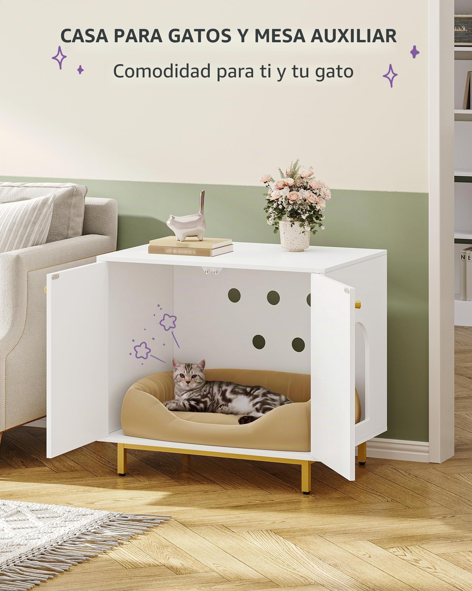 Hzuaneri Caja de Arena para Gatos, Muebles de Caja de Arena, Mesa Auxiliar para Casa de Mascotas, Banco de Gabinete de Almacenamiento, se Adapta a la Mayoría de Gatos, Blanco y Dorado CB85003G
