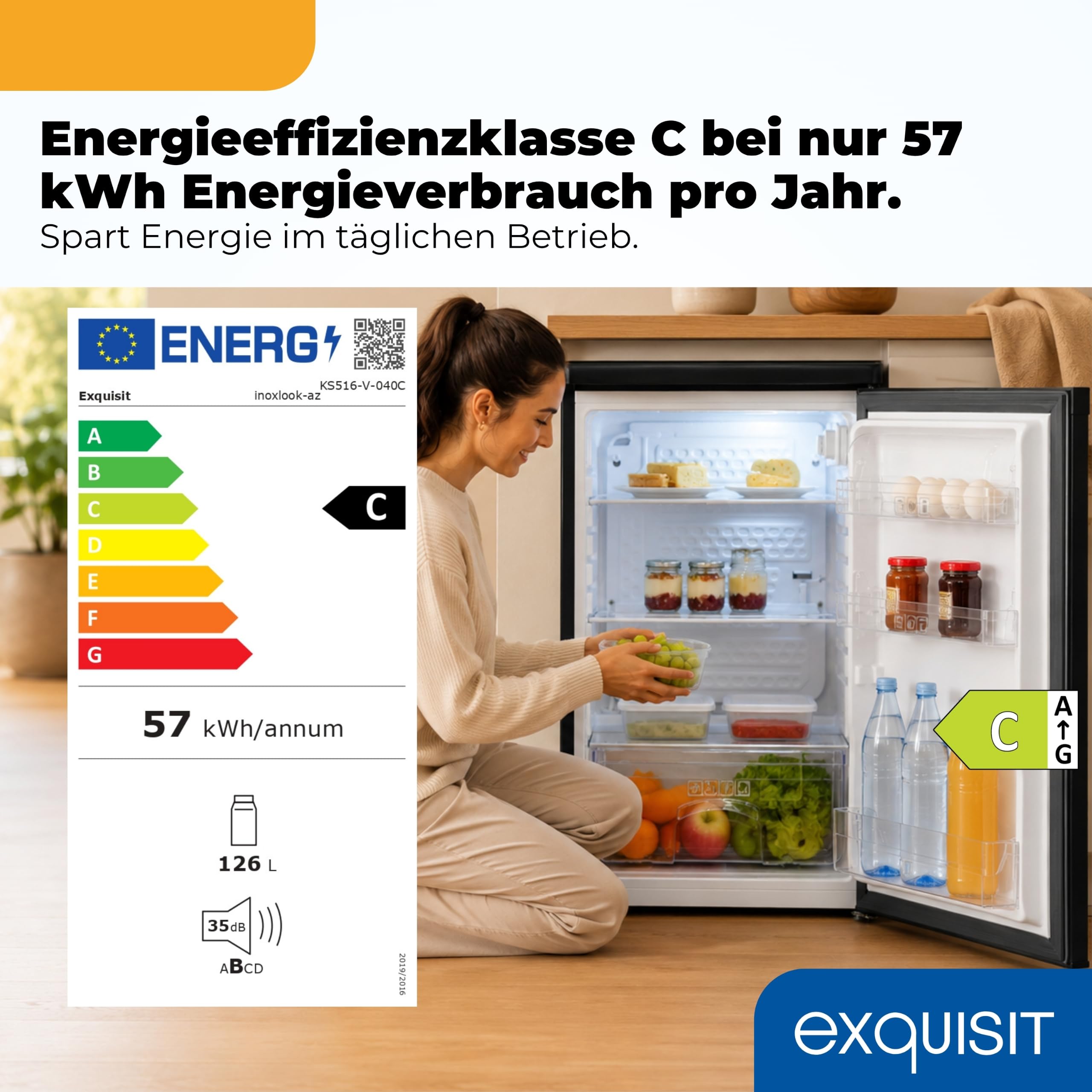 Exquisit Nevera de 126 l | Clase energética C | silencioso 35 dB | Iluminación LED | 55 cm de ancho | KS516-V-040C inoxlook-az | Inoxlook-az