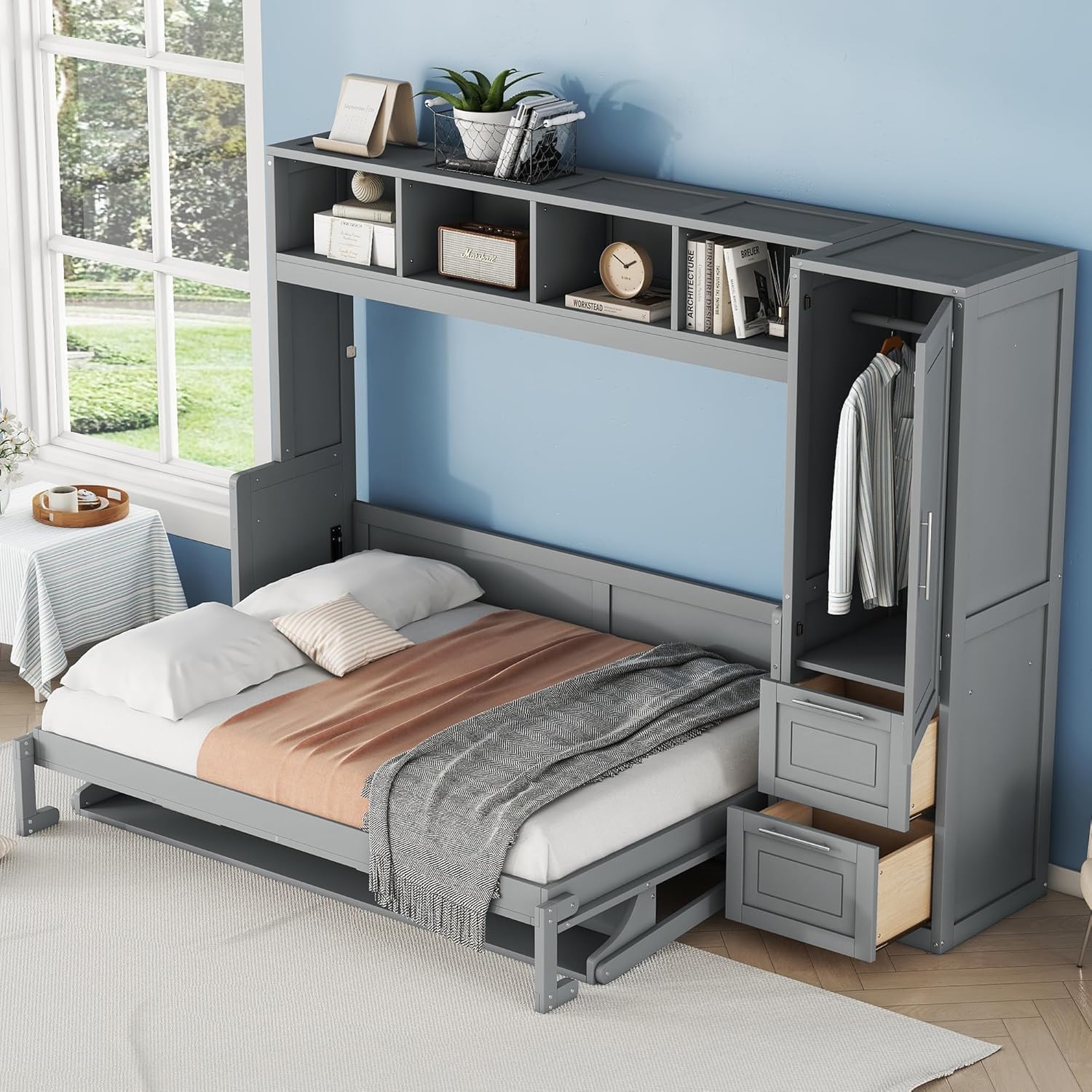 Full Horizontal Murphy Bed with Storage Wardrobe Closet,2 Drawer,4 Storage Shelves,Wood Folding Murphy Wall Bed Cabinet for Adult (Grey)