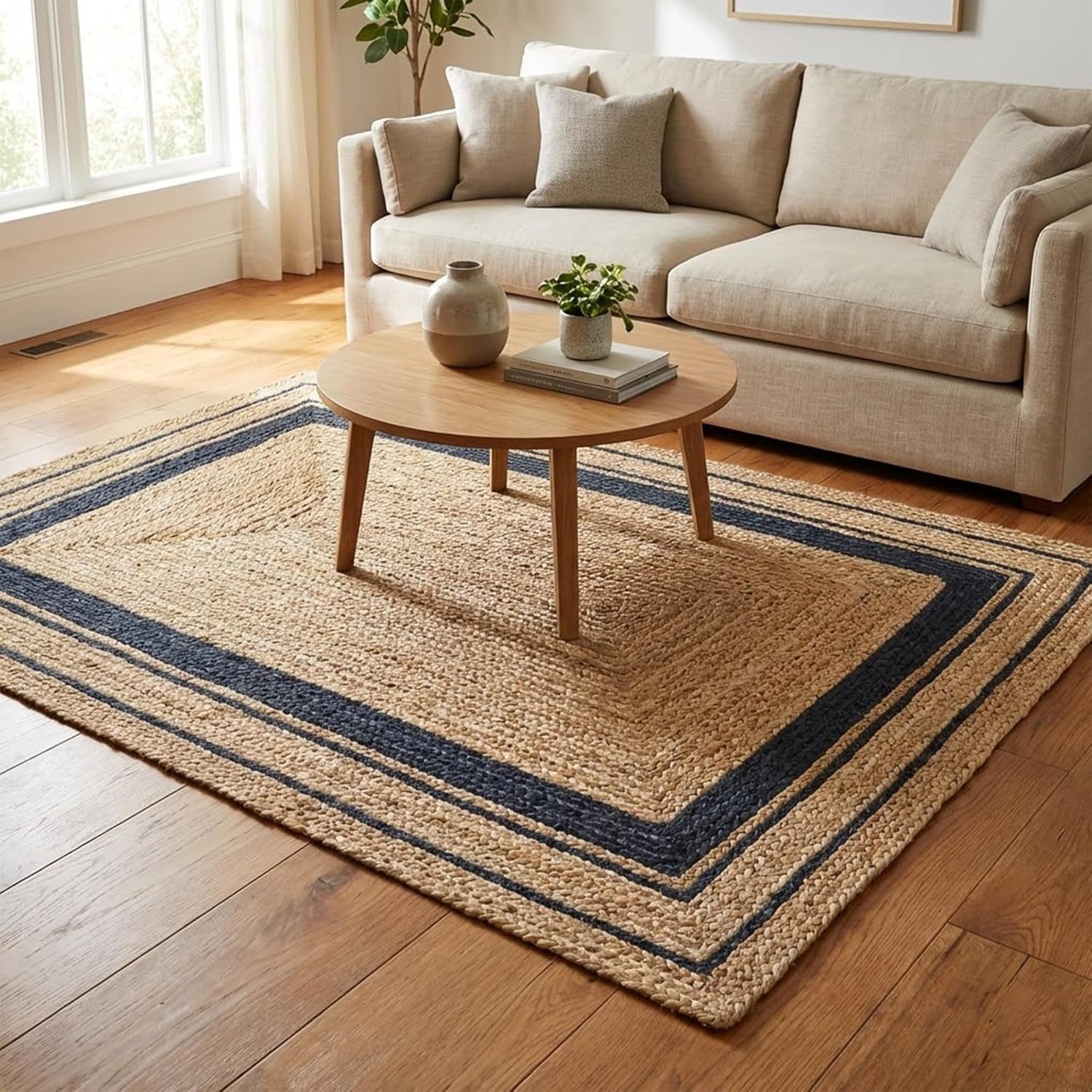 Ractangular Area Rug 10x18 Ft Hand Woven Jute Rugs Modern Black Border Kilim Jute Rug for High Traffic Area Living Room Bedroom Farmhouse Large Space & Home Décor