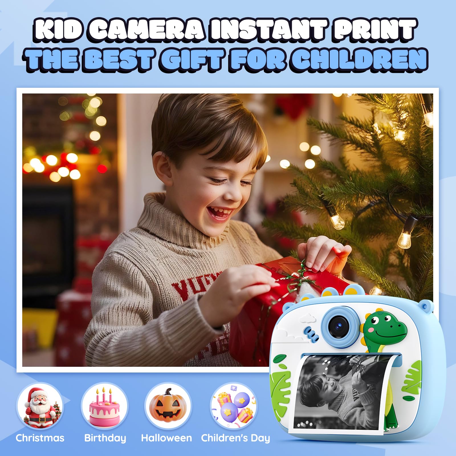 YOZISS Macchina Fotografica Bambini Istantanea, 1080P macchina fotografica istantanea bambini con 3 Rotoli di Carta da Stampa, Regalo per Bambini dai 3 a 14(Dinosauro Blu)