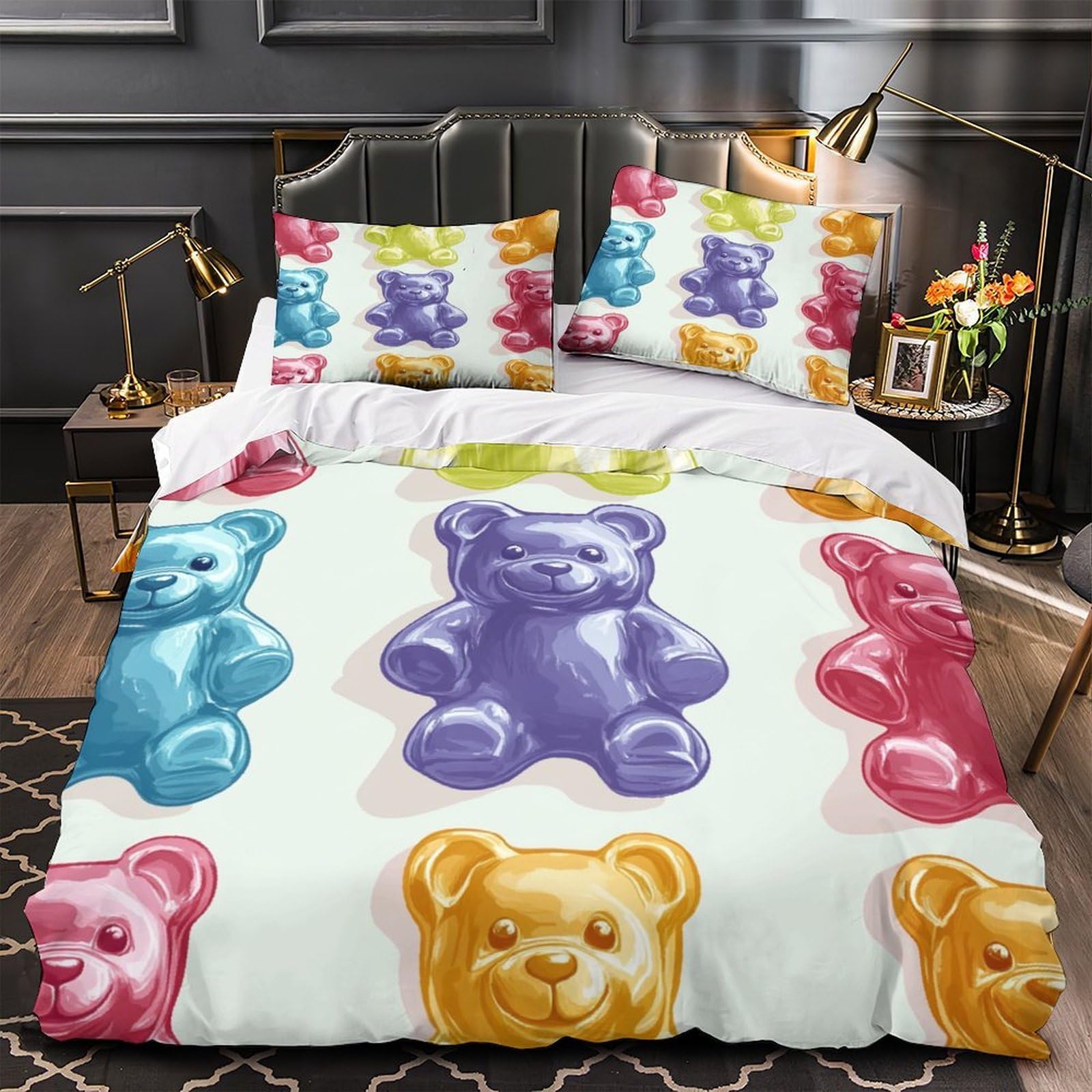 Housse de couette oursons 3D en microfibre 220x240cm avec 2 taies d'oreiller pour lit King