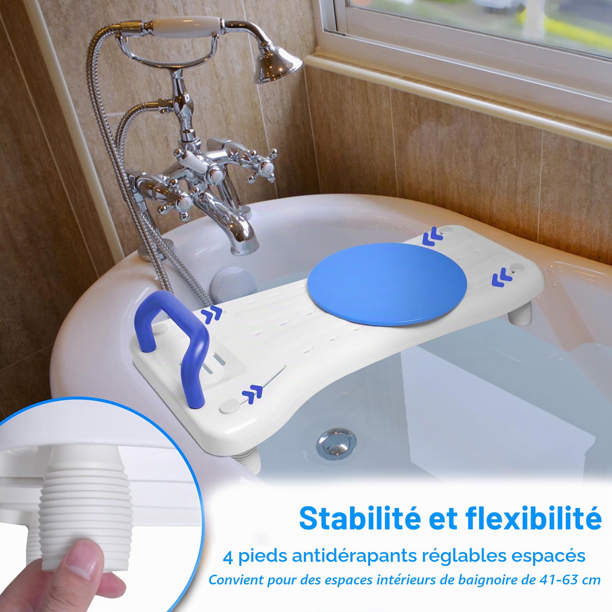 Chaise de baignoire pour personnes âgées 70 x 31 cm, réglable 41-63 cm, étagère, étagère de bain, porte-savon & poignée ergonomique, 150 kg, poignée bleue + plateau tournant