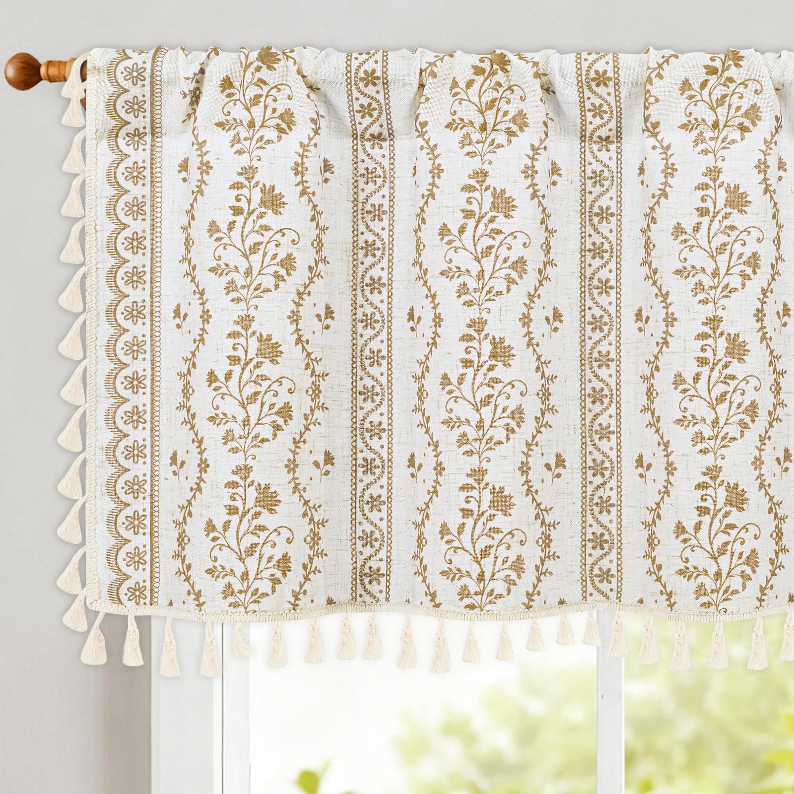 Yinhua Boho Valance Curtains Vintage Linen Kitchen Valances for Windows Light Filtering Bohemian Floral Valance Rod Pocket Tassel Window Valances for Bathroom Cafe, 52" W X 18" L, White Beige