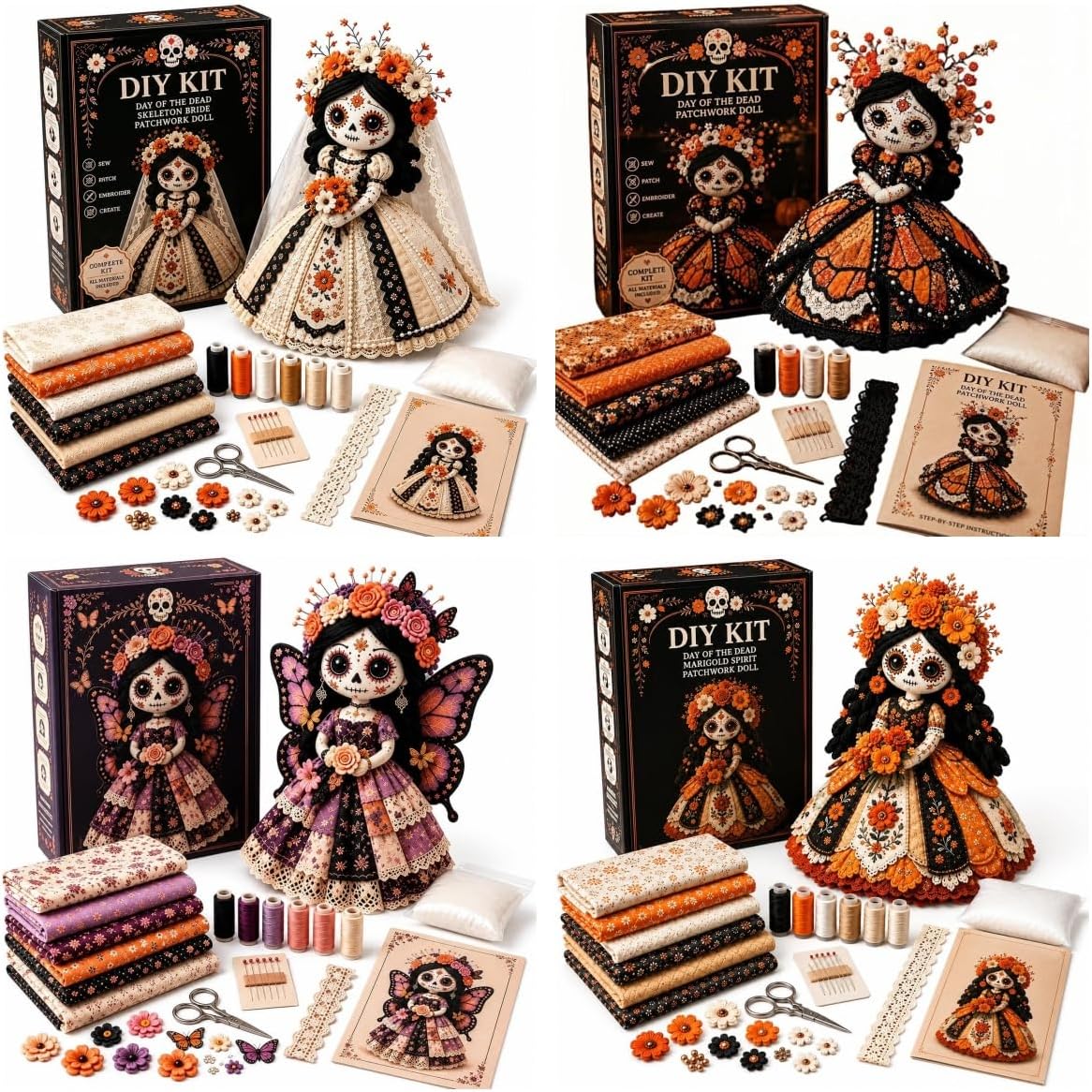 Day of the Dead Patchwork Doll Sewing Kit DIY Craft for Adults, 4in1