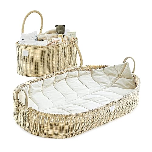 BEBE BASK Paquete de guardería prémium – Cesta cambiadora de bebé a juego y organizador de pañales para bebé, hecho a mano y orgánico