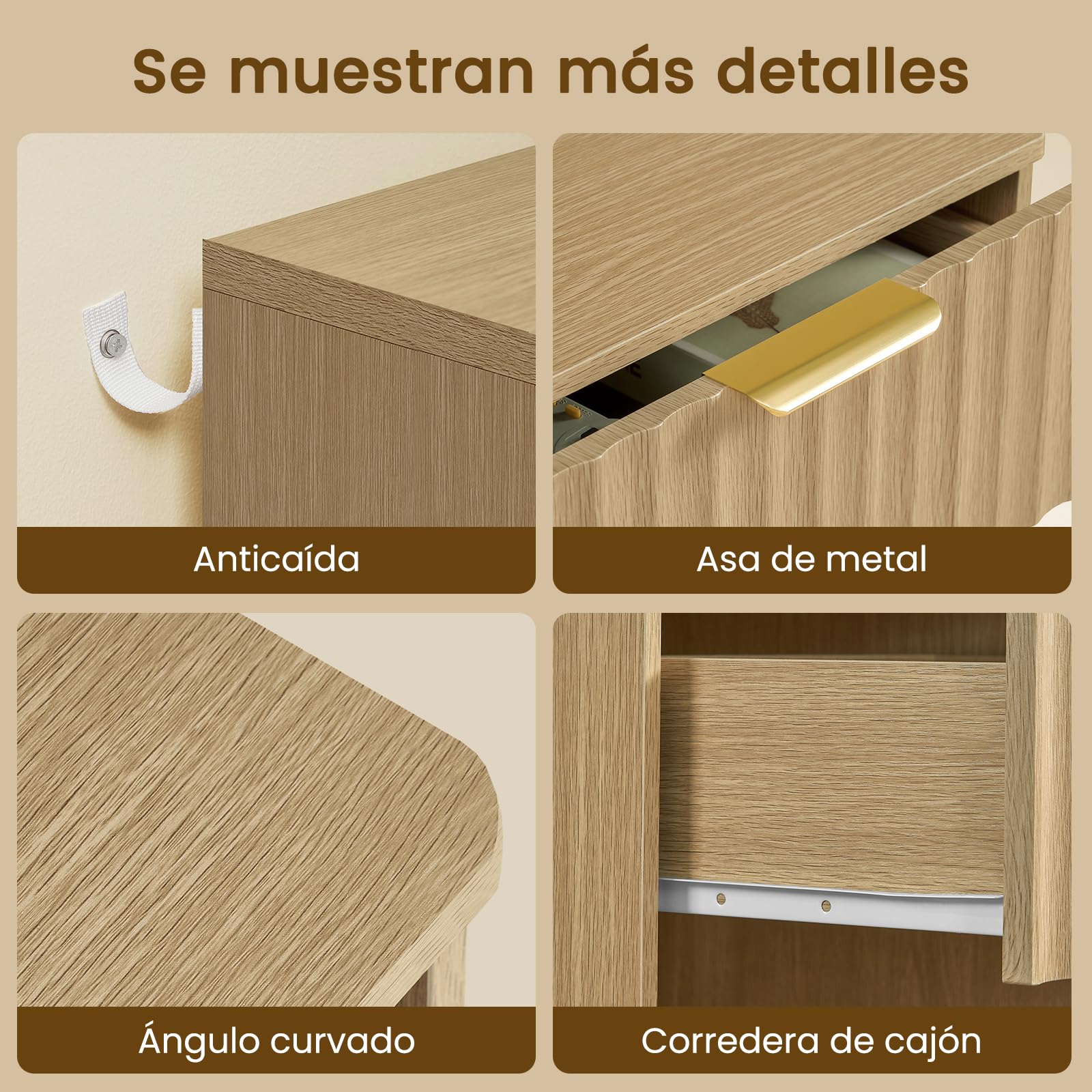 TEENFON Juego de 2 Mesitas de Noche Acanaladas con Enchufe y USB, Mesa Auxiliar con Luz LED, 1 Cajón y Compartimento Abierto, para Dormitorio, Madera Natural