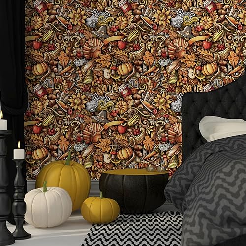 Miniatura 3 de SinFung Home Papel tapiz para despegar y pegar, estilo bohemio, marrón, Día de Acción de Gracias, retro, decoración de pared para baño, mural