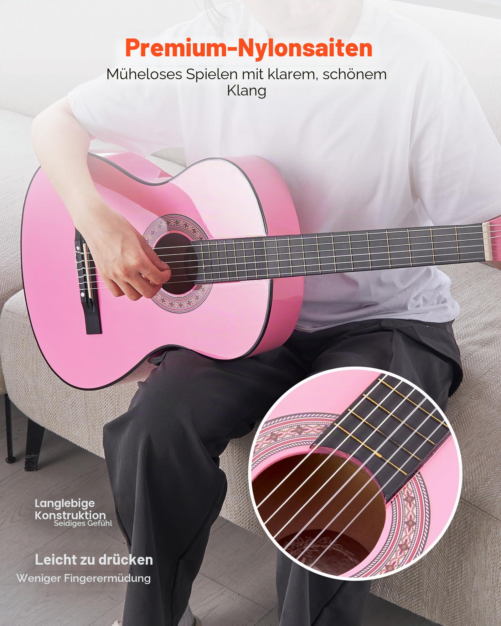 VEVOR Konzertgitarre, 960 mm, Holz-Klassikgitarren-Starter-Set für Anfänger, mit Nylonsaiten, Gigbag, Gurt, Stimmgerät, zusätzlichen Saiten, Plektren, Kapodaster, Linde, für Einsteiger, Pink