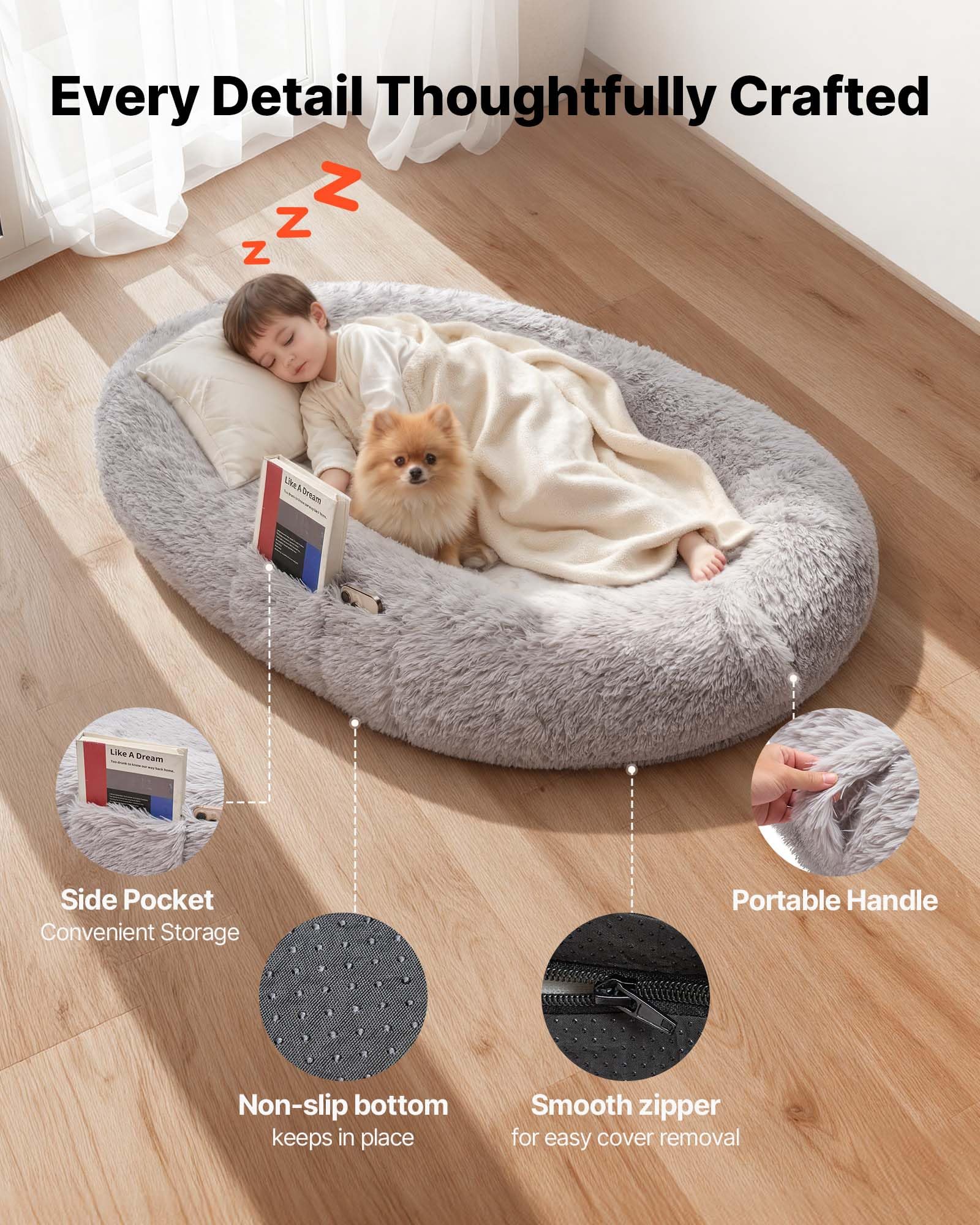 VEVOR Cama para Perros de Diseño Ovalado, de Espuma Viscoelástica, Tamaño Humano, con Bolsillo Lateral, Asa y Cremallera, Funda Extraíble y Lavable a Máquina, Color Gris, 1320 x 860 x 240 mm