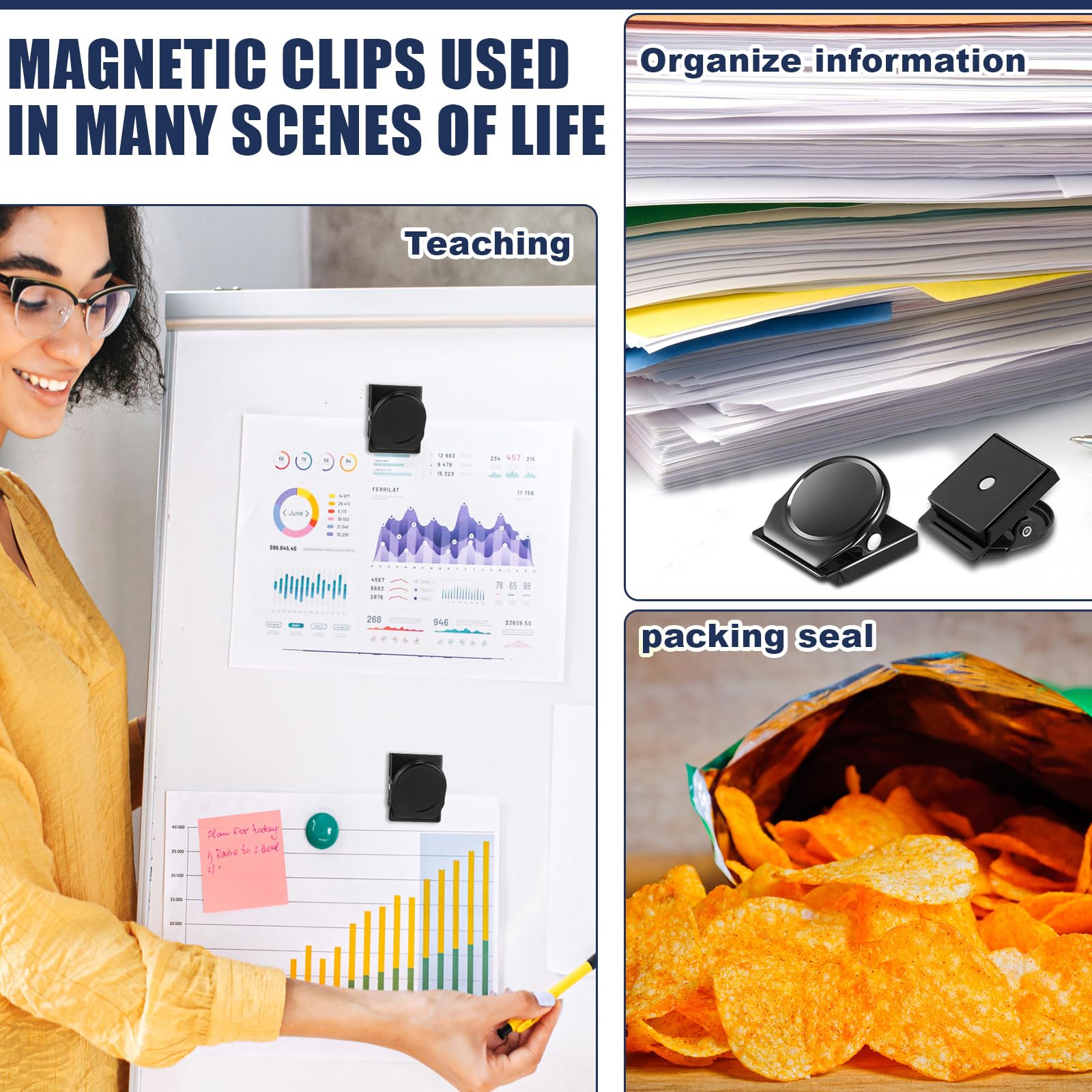 Tenceur Metall-Magnet-Clips, robust, für Kühlschrank, Whiteboard, Magnetclip für Büro, Klassenzimmer, Lehrer, Schule, Schließfach, Zubehör, Schwarz, 54 Stück