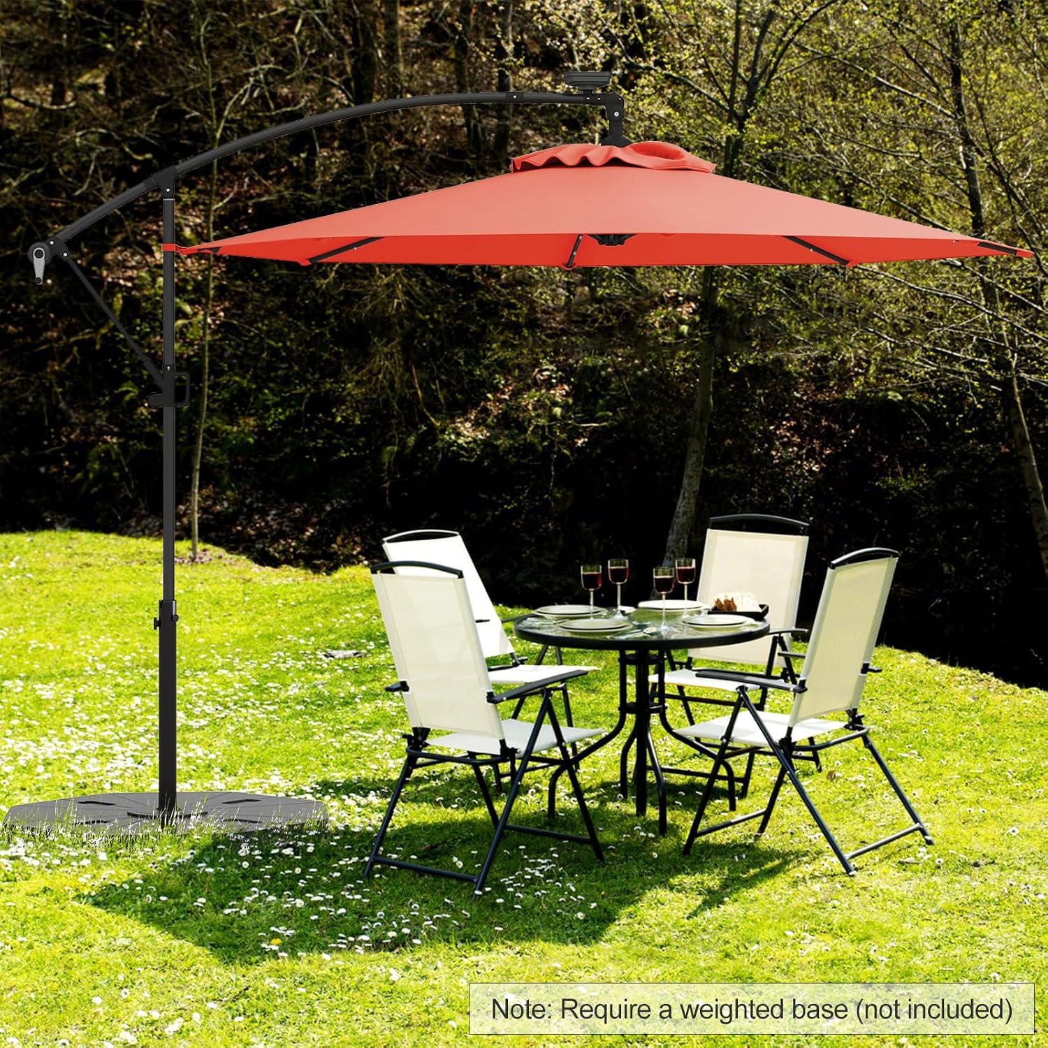 HAPPYGRILL 10 FT Offset Hanging Umbrella with Solar LED Lights, Patio Cantilever Umbrella with Easy Tilt Adjustment, Crank, 360° Rotation, Outdoor Market Umbrella for Pool Garden Deck