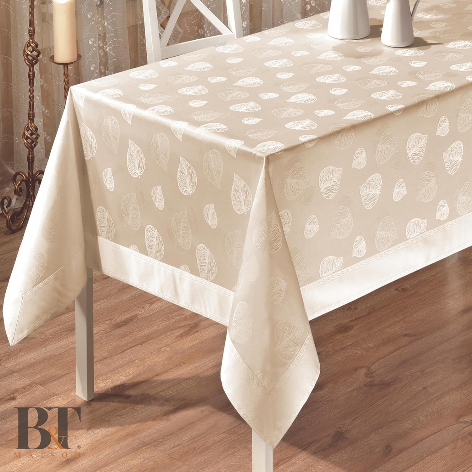 Nappe de table imperméable crème 100 polyester, Nappe motif floral