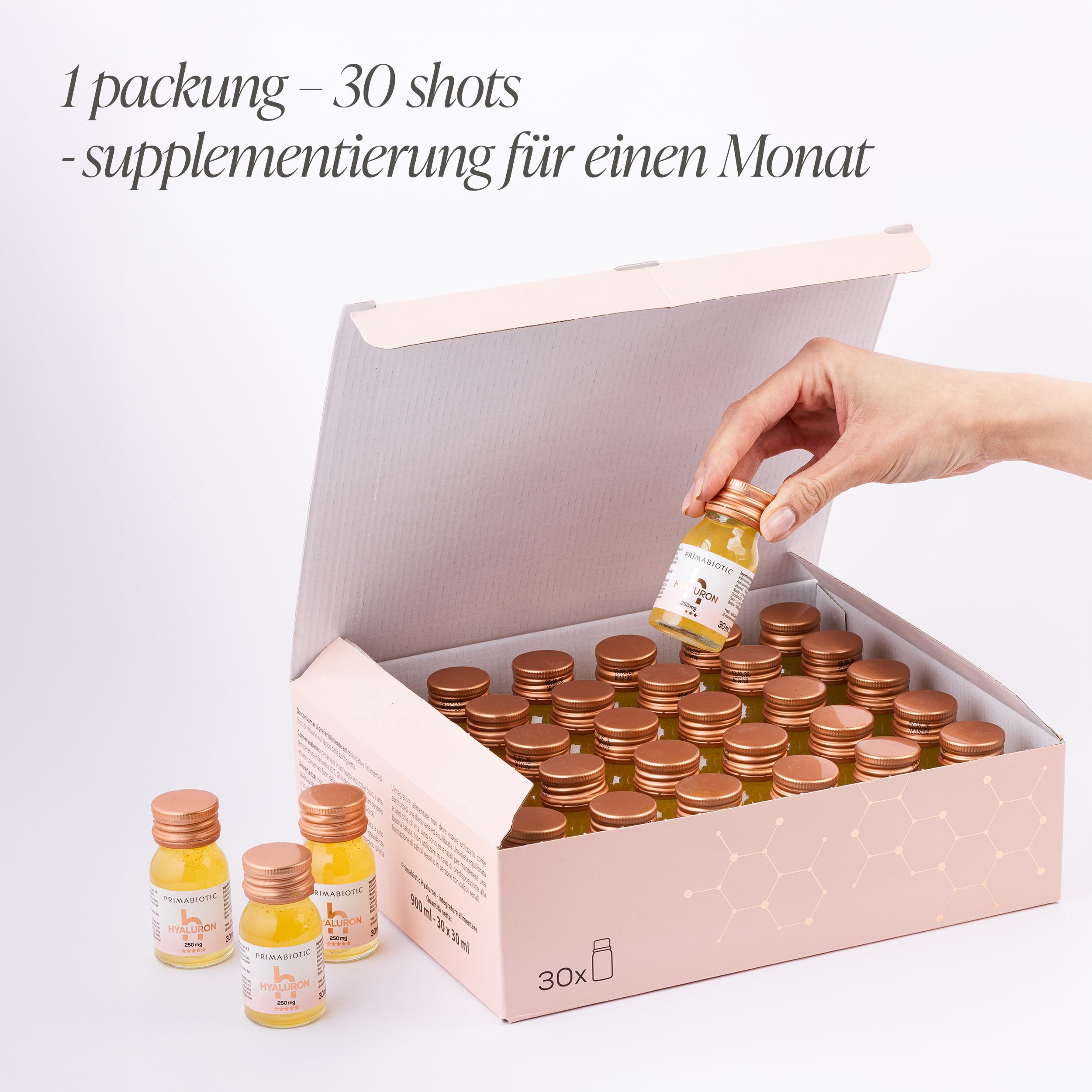 Hyaluronsäure Trinkampullen – Primabiotic Hyaluron 250 mg | 30 Shots à 30 ml (900 ml) | Veganer Flüssiger Beauty Drink mit Mangogeschmack | Für Tiefenhydration & Elastisches, Glattes Hautbild