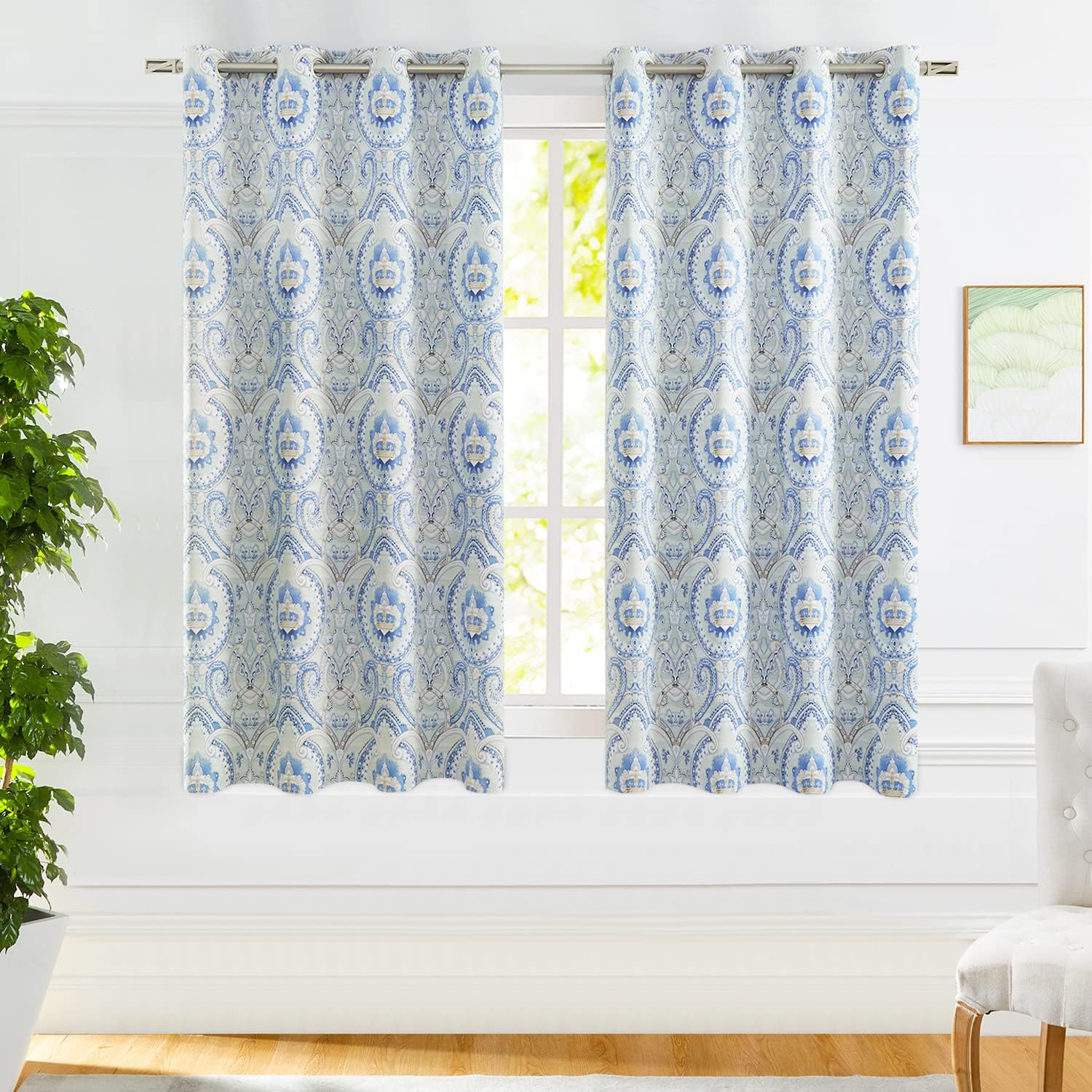 FMFUNCTEX Damask Blackout Curtains Blue Print Vintage