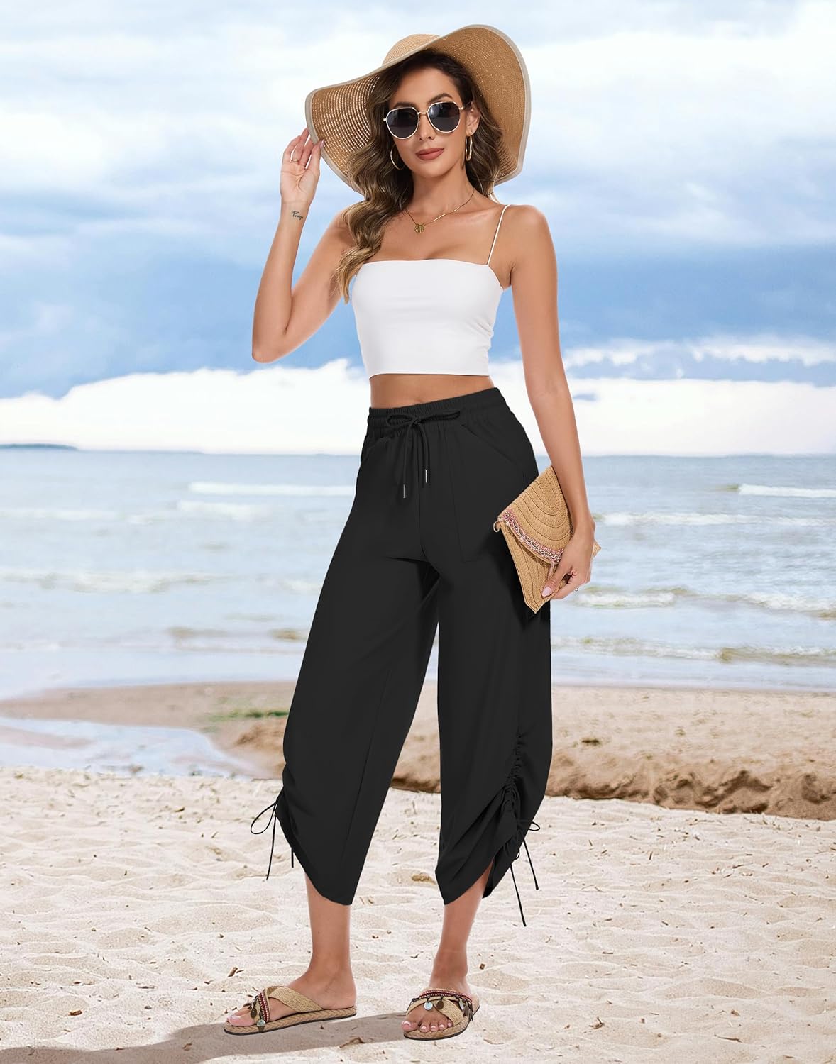 Women's 25" Wide Leg Beach Pants High Waisted Swim Capris Baggy Summer Travel Pant Quick Dry Flowy Cropped Bottoms